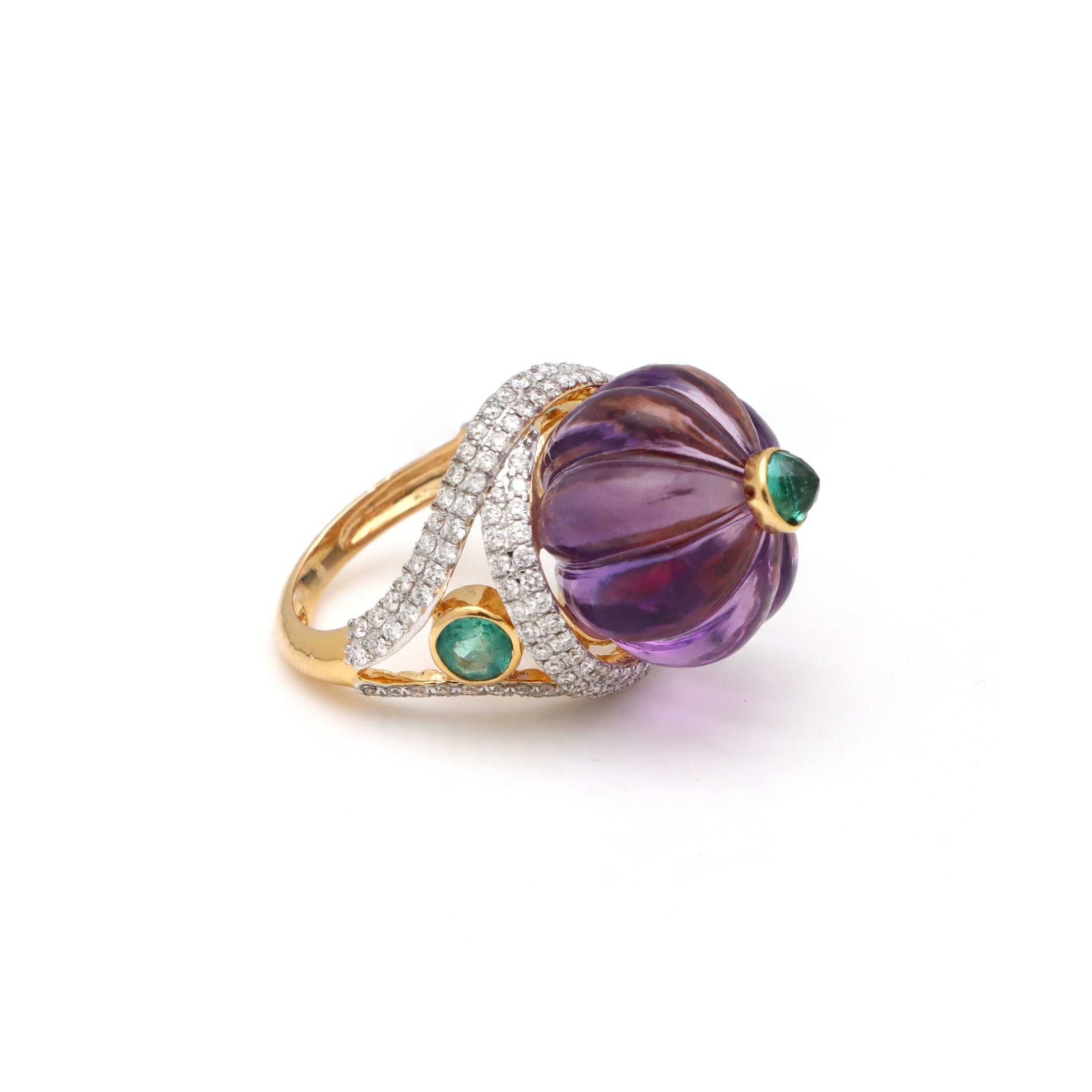Natural Amethyst and Emerald 18K gold ring close-up detail - NFJSD-1696