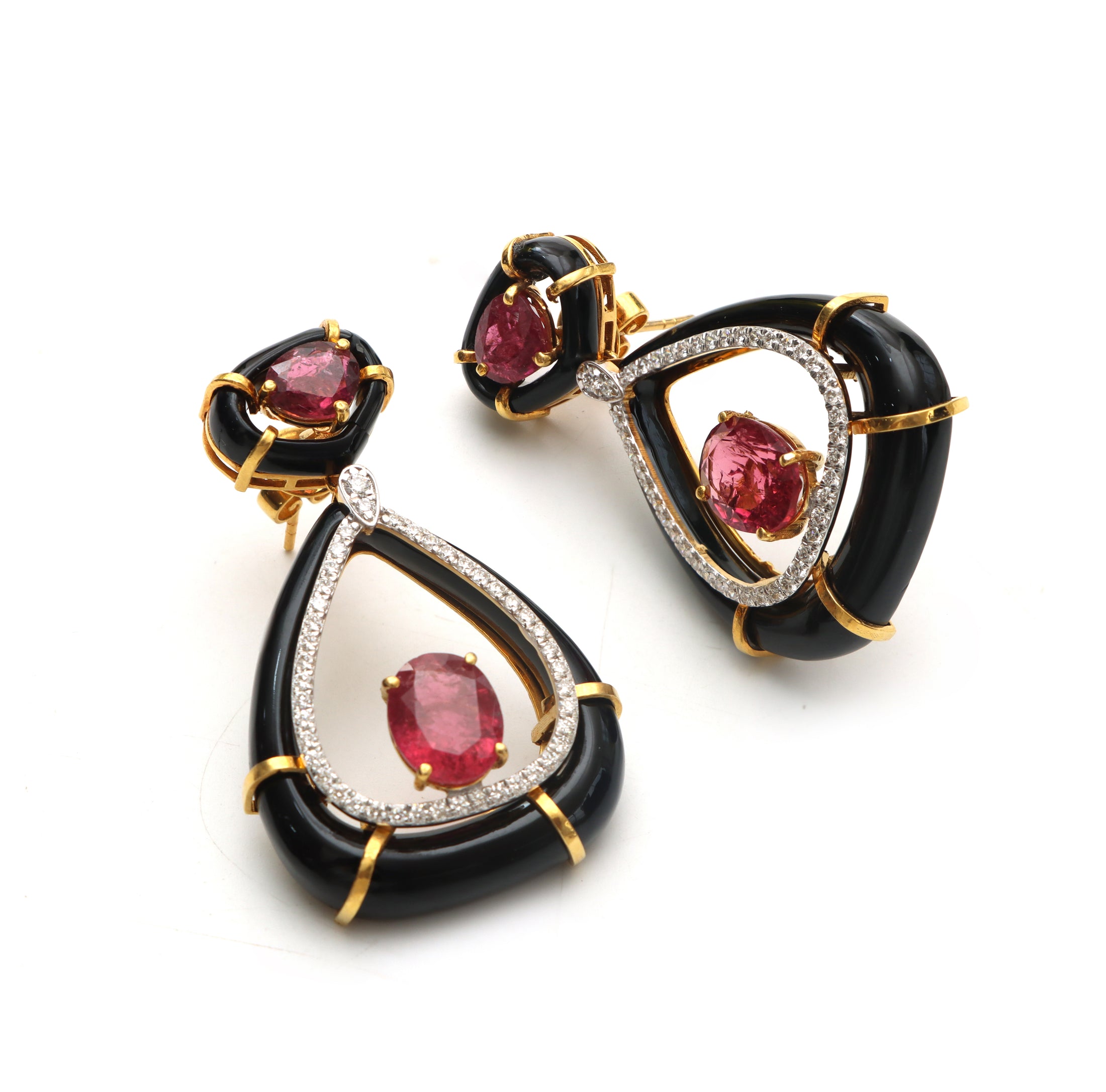 Natural Tourmaline Cut and Black Onyx Frame 14K gold earrings close-up detail - NFJSD-1023