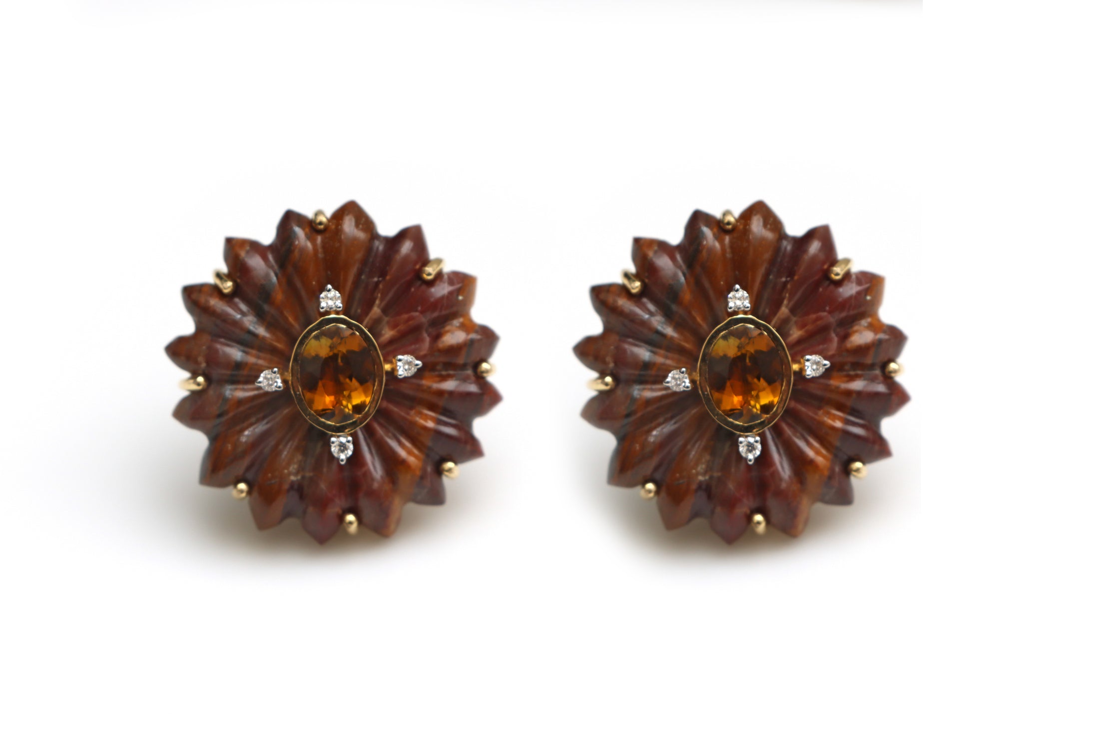 Natural Tourmaline and Jasper Carving Flower 14K gold earrings front view - NFJSD-1264