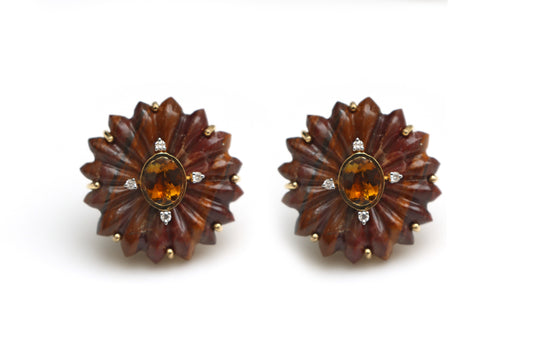 Natural Tourmaline and Jasper Carving Flower 14K gold earrings front view - NFJSD-1264