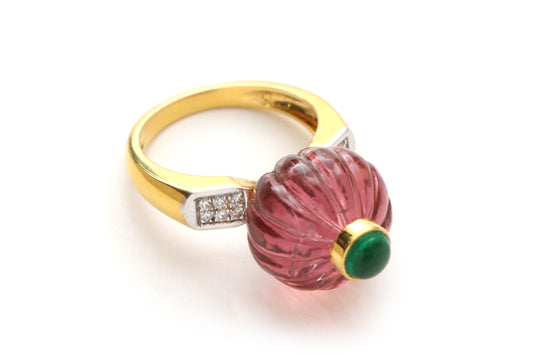 Natural Tourmaline Carving and Emerald Cab 14K gold ring front view - NFJSD-1007