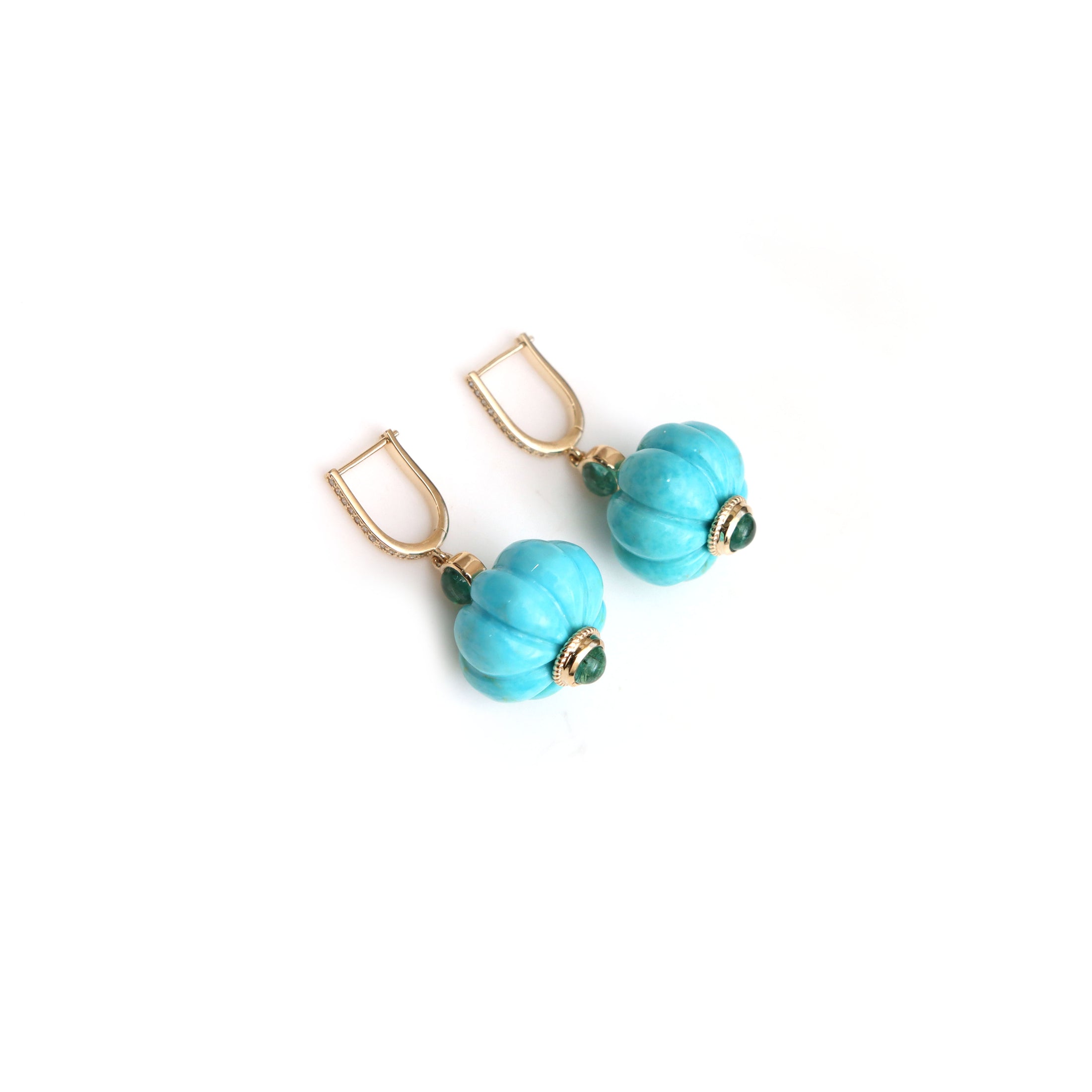 Natural Turquoise and Emerald 14K gold earrings front view - NFJSD-2040