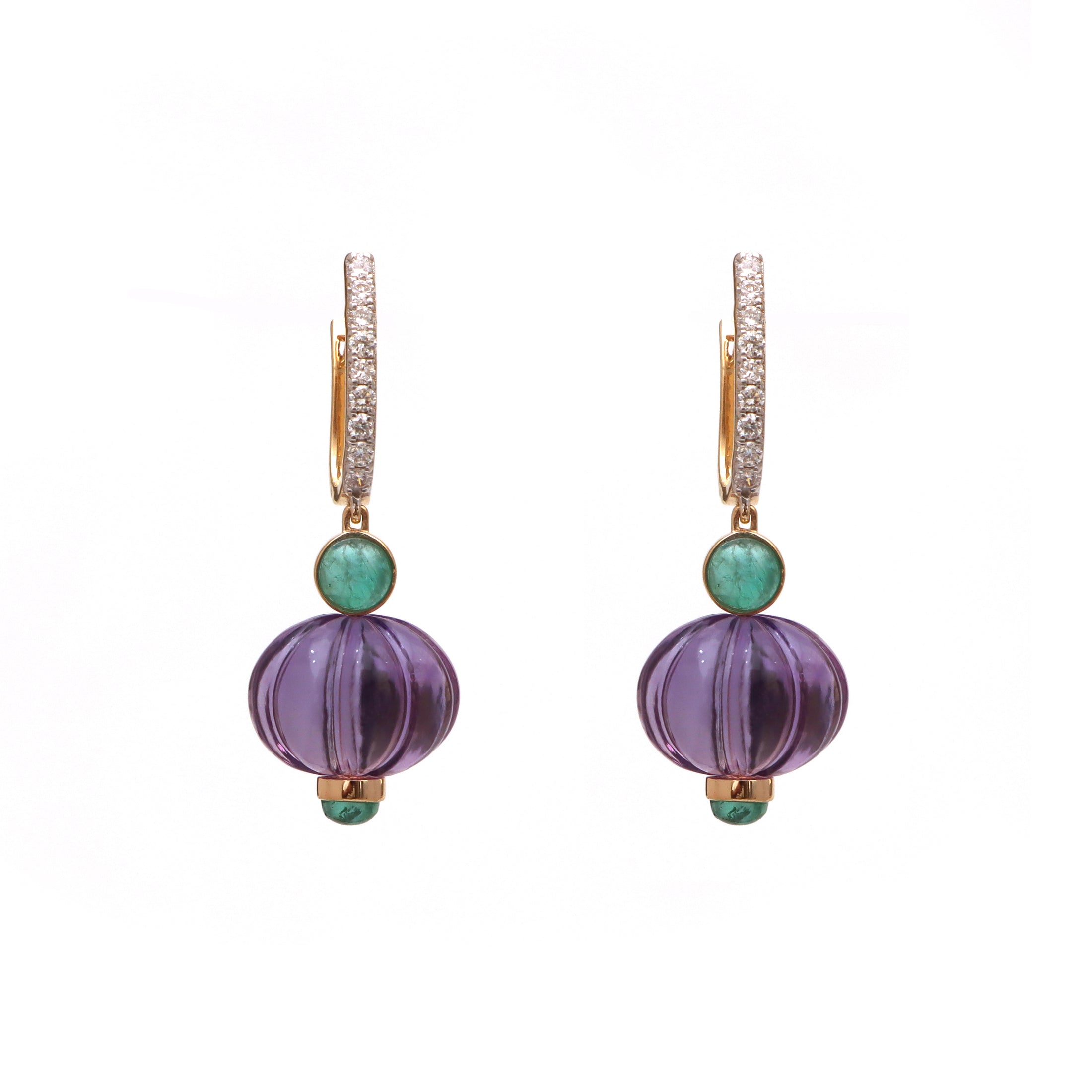 Natural Amethyst and Emerald 18K gold earrings top view - NFJSD-1539