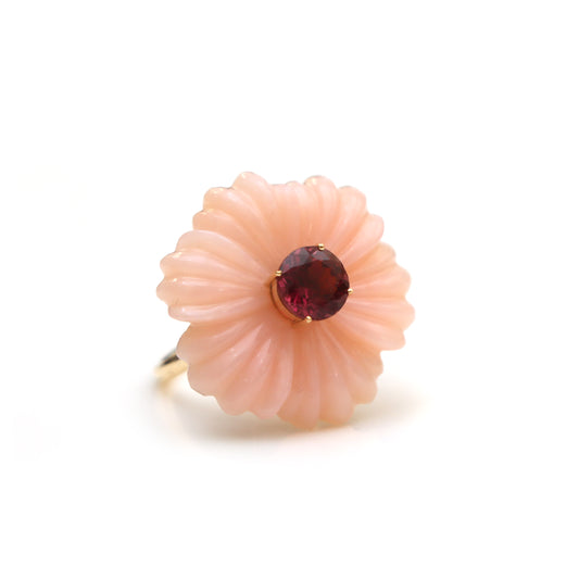 Natural Pink opal Carving and Pink Tourmaline 14K gold ring front view - NFJSD-1566