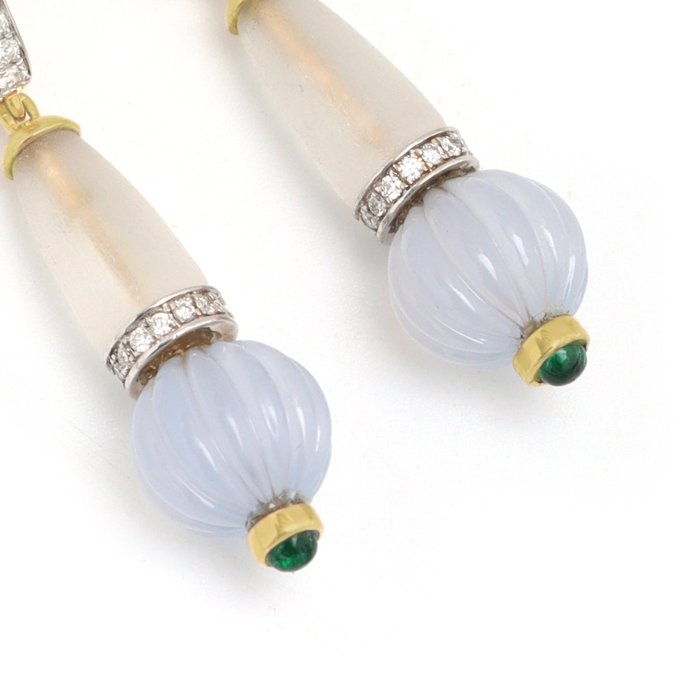 Natural Emerald Round Cabs and Blue Chalcedony Carving Ball 14K gold earrings top view - NFJSD-1132