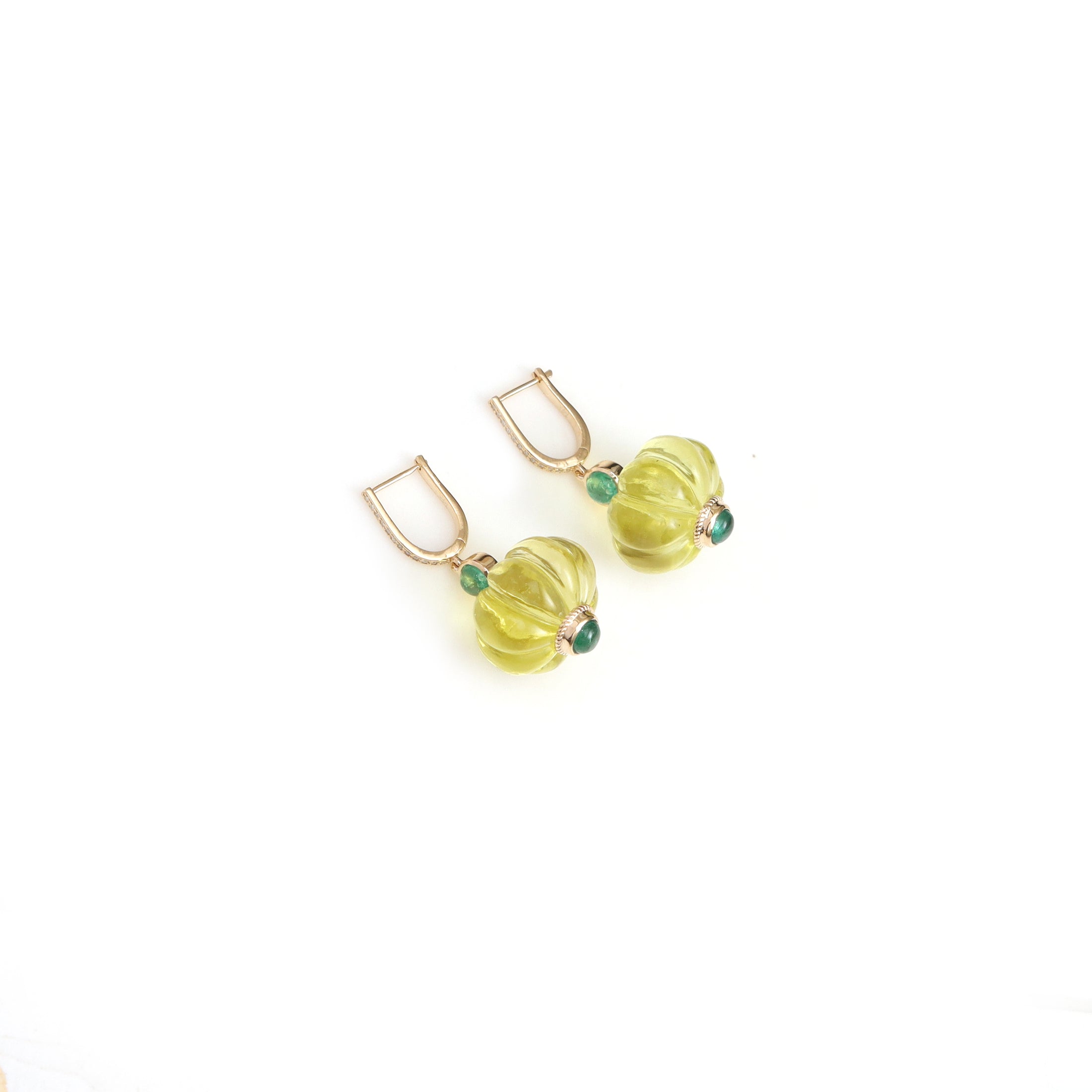 Natural Lemon Quartz and Emerald 14K gold earrings front view - NFJSD-2043