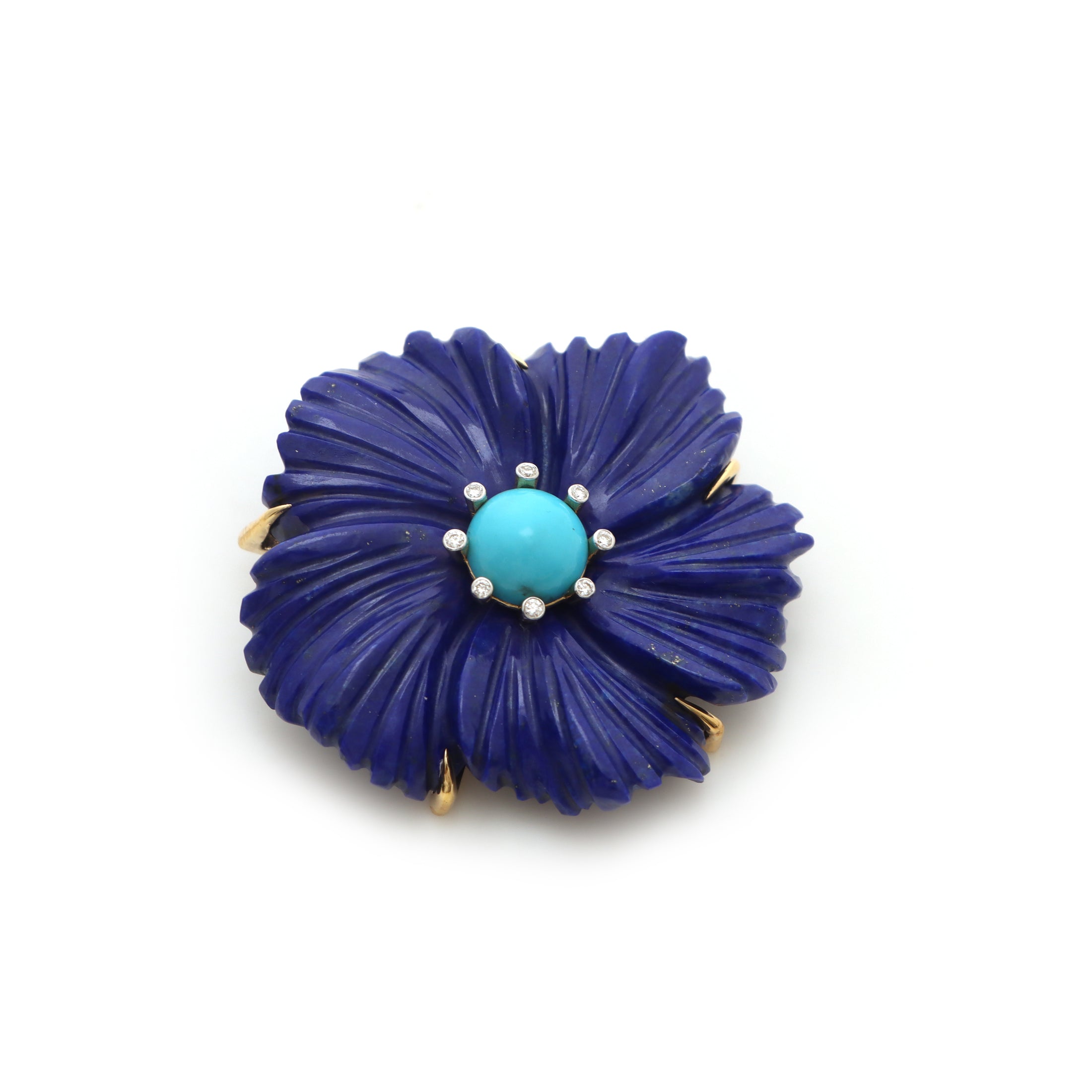 Natural Turquoise Round Cab and Lapis Carving Flower 14K gold pendant close-up detail - NFJSD-1310