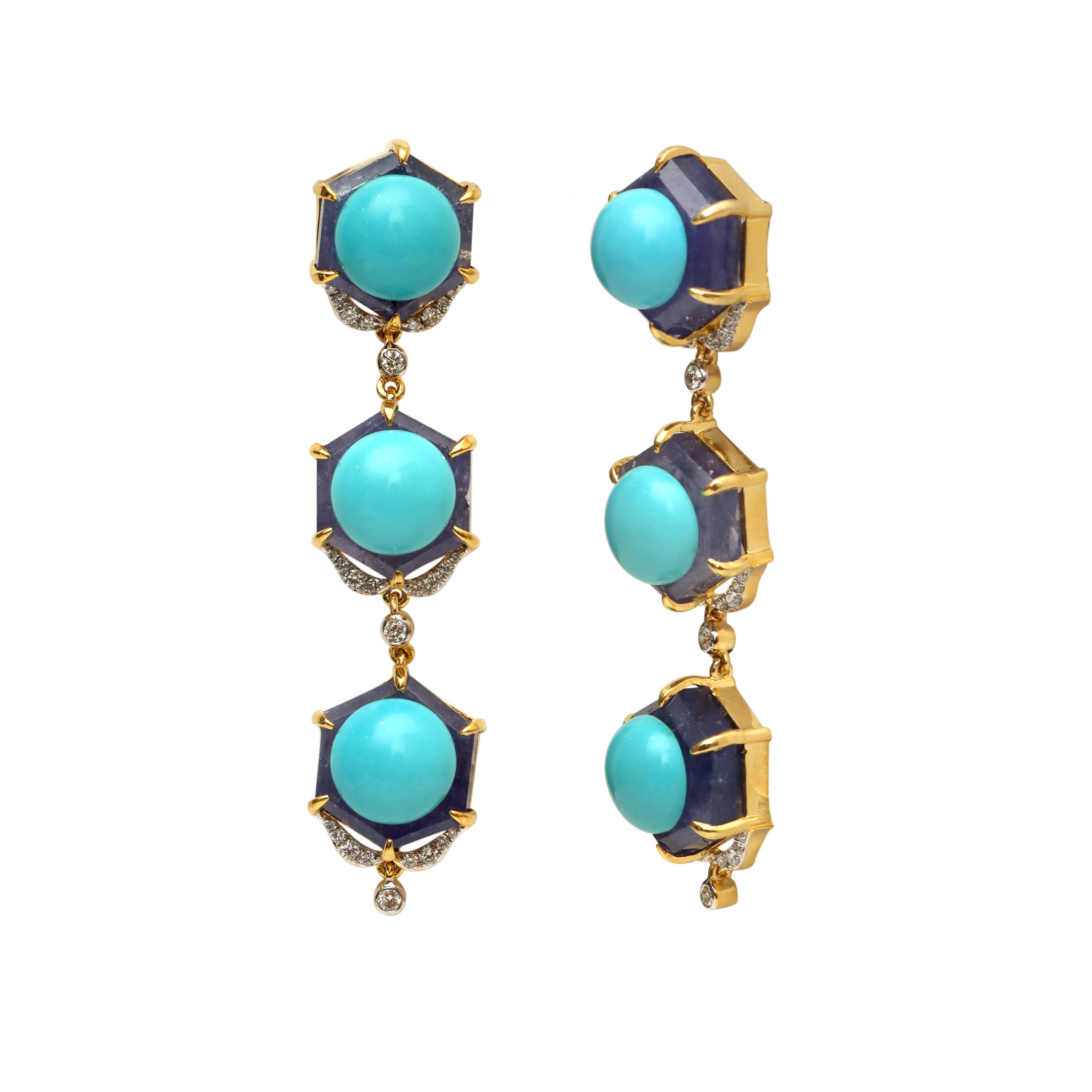 Natural Tanzanite and Turquoise 18K gold earrings close-up detail - NFJSD-1910