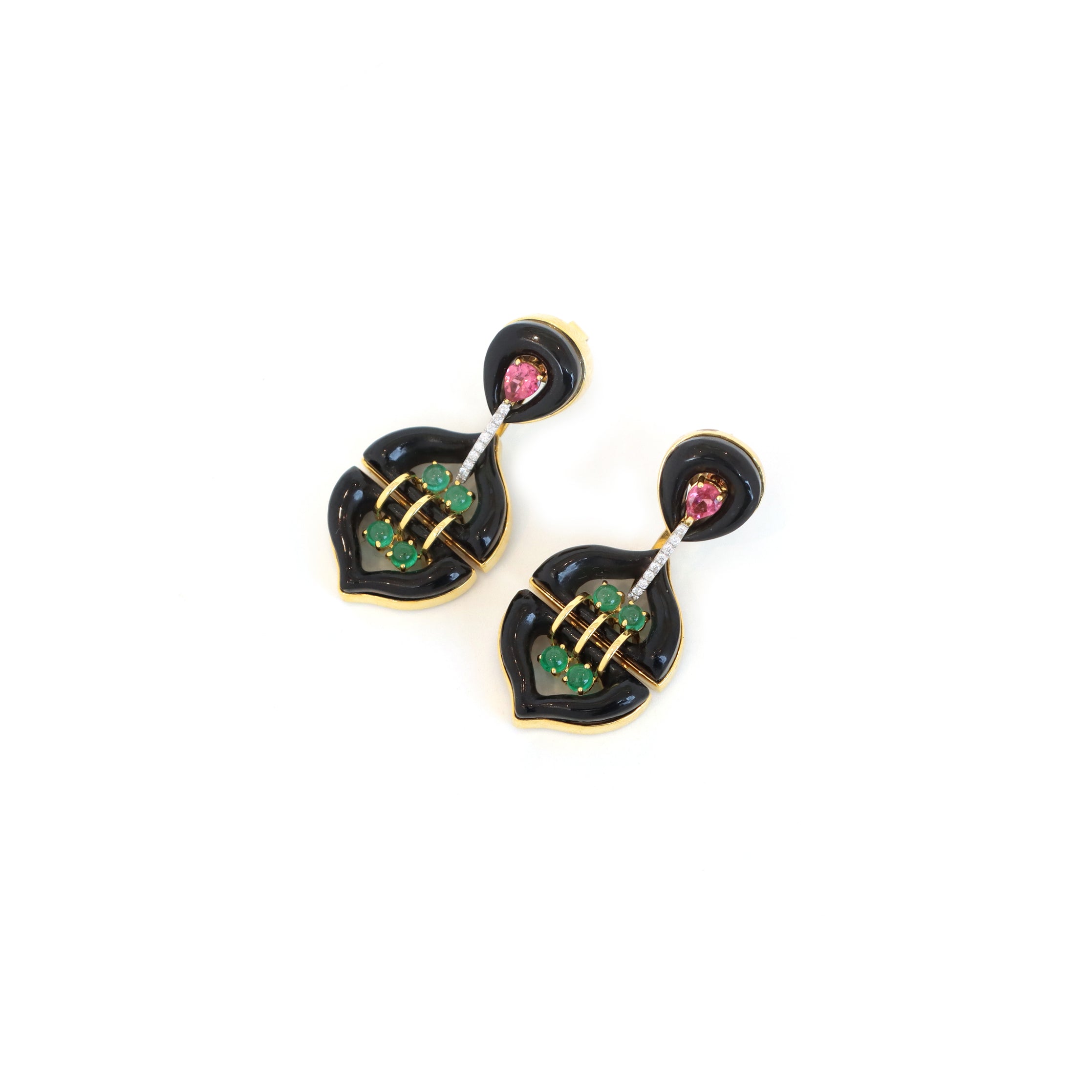 Natural Black Onyx and Emerald 18K gold earrings close-up detail - NFJSD-1432