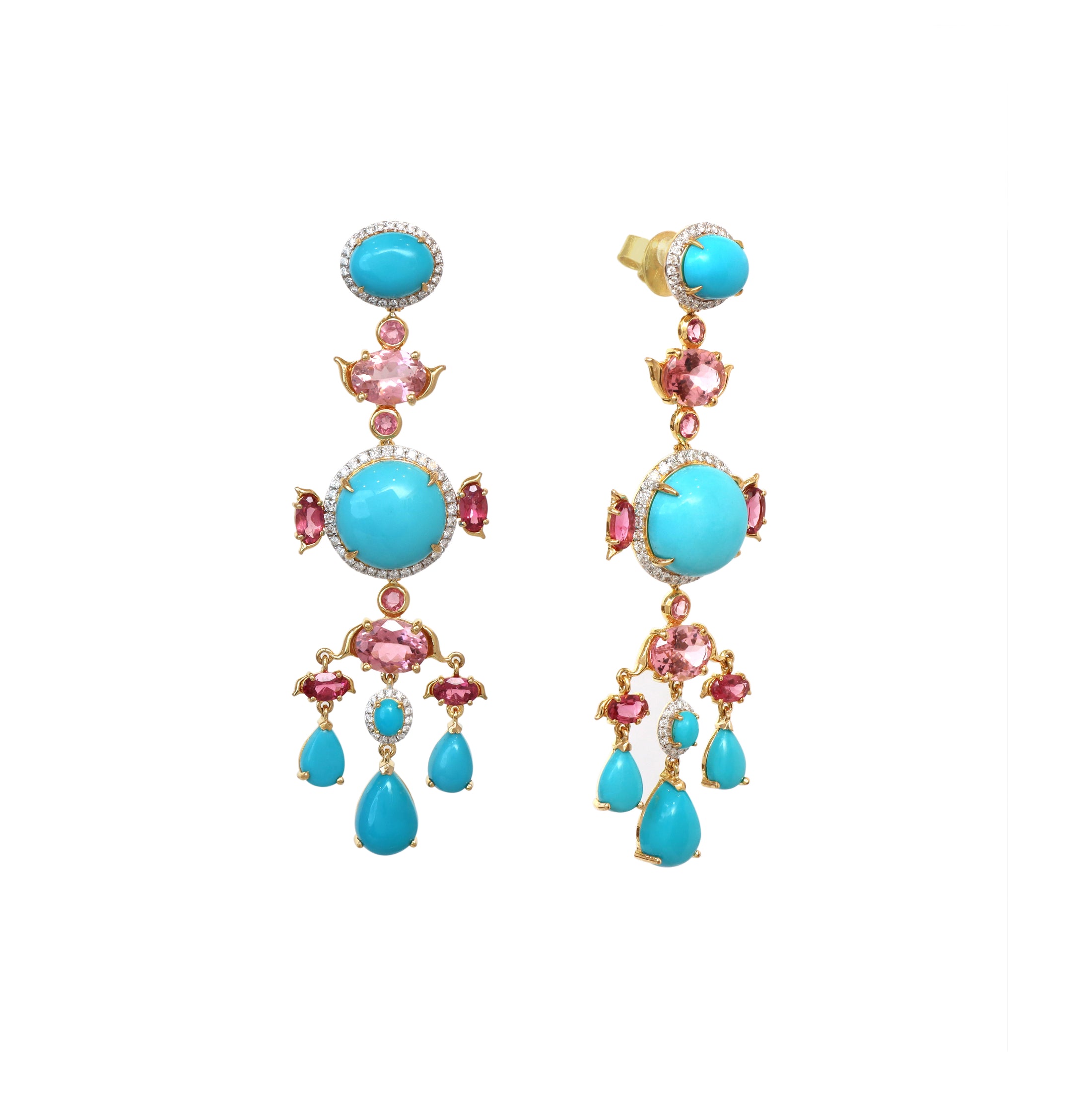 Natural Turquoise and Tourmaline 18K gold earrings on-hand view - NFJSD-1806