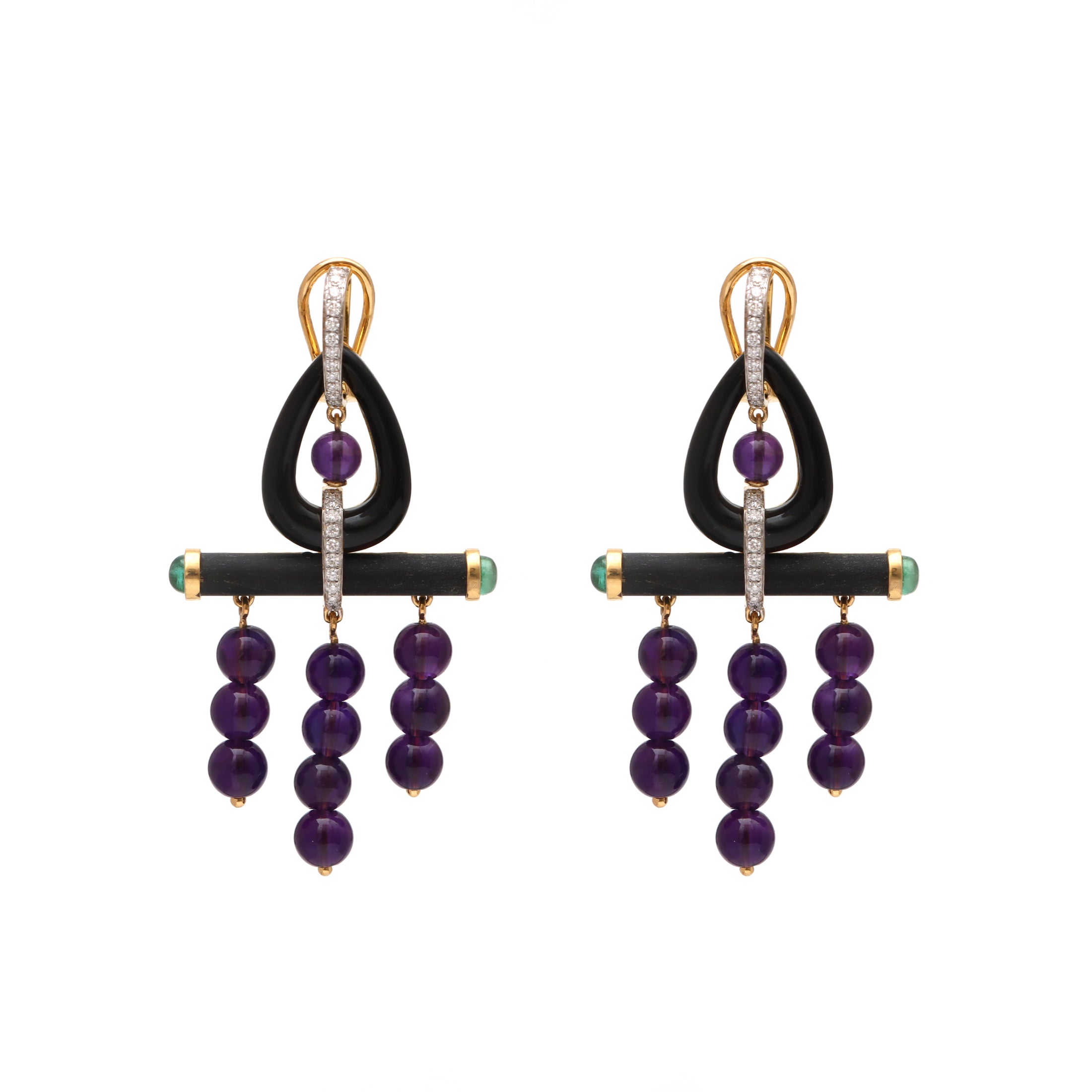 Natural Amethyst and Black Onyx 18K gold earrings back view - NFJSD-1639