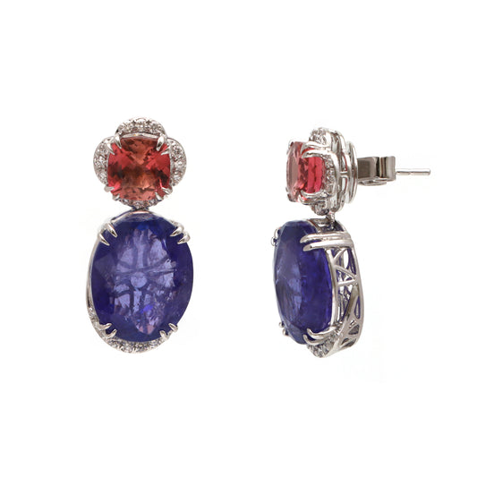 Natural Tourmaline and Tanzanite 18K gold earrings side angle - NFJSD-1758