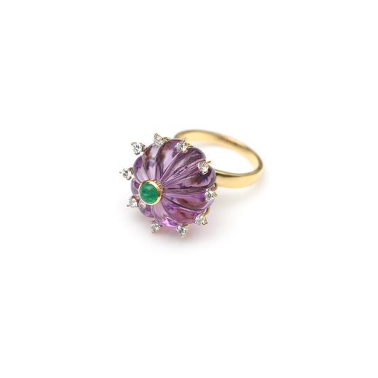 Natural Amethyst and Emerald 14K gold ring front view - NFJSD-1809