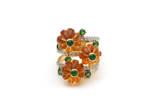 Natural Citrine CArving Balls and Green Tourmaline 14K gold ring front view - NFJSD-1034