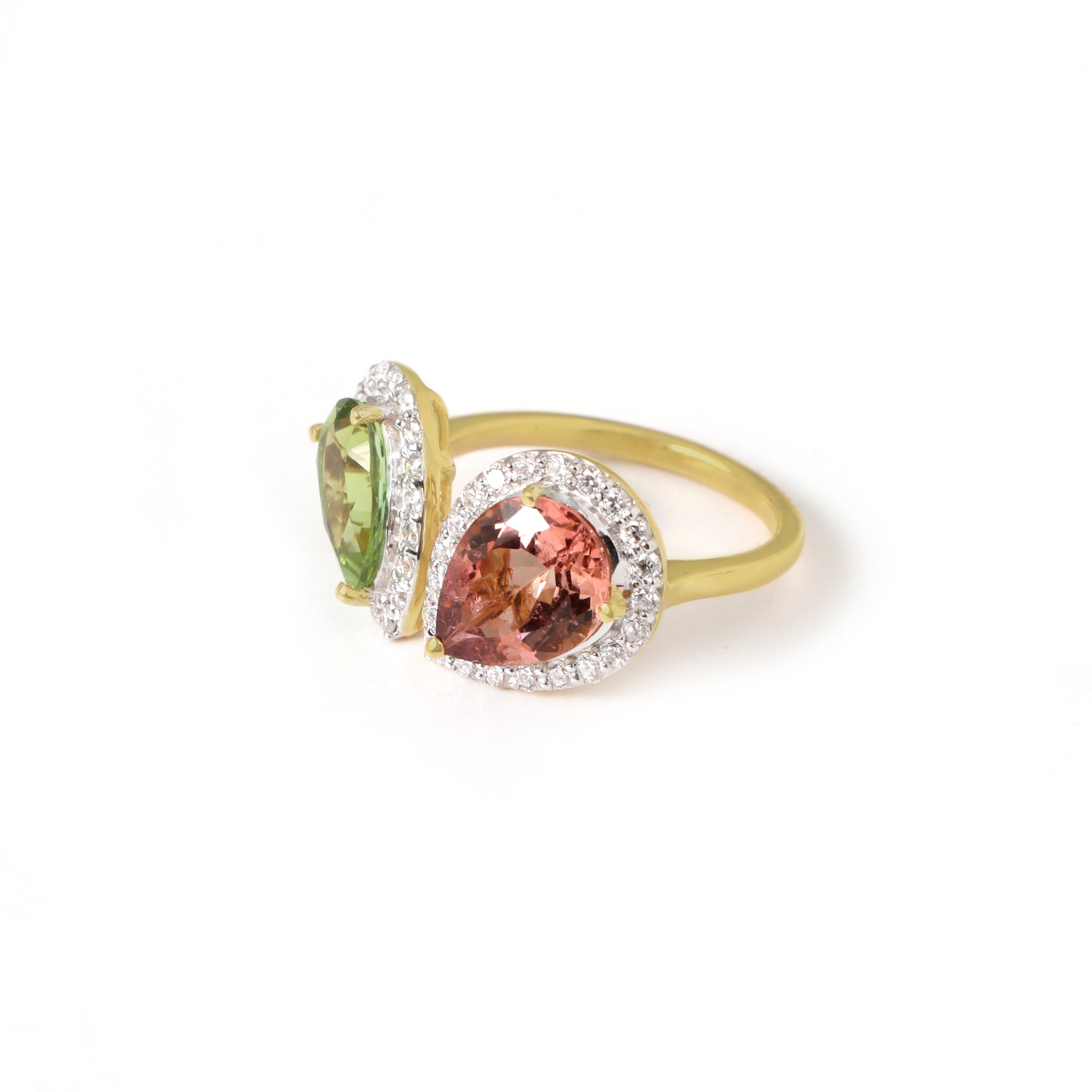 Natural Green Tourmaline and Pink Tourmaline 18K gold ring back view - NFJSD-1928