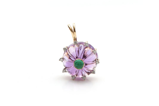 Natural Emerald Round cabs and Amethyst Carving Round 14K gold pendant front view - NFJSD-1188