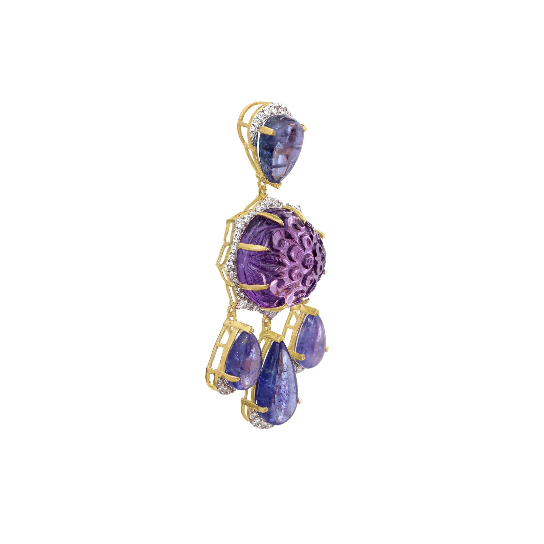 Natural Amethyst and Tanzanite 18K gold pendant on-hand view - NFJSD-1828