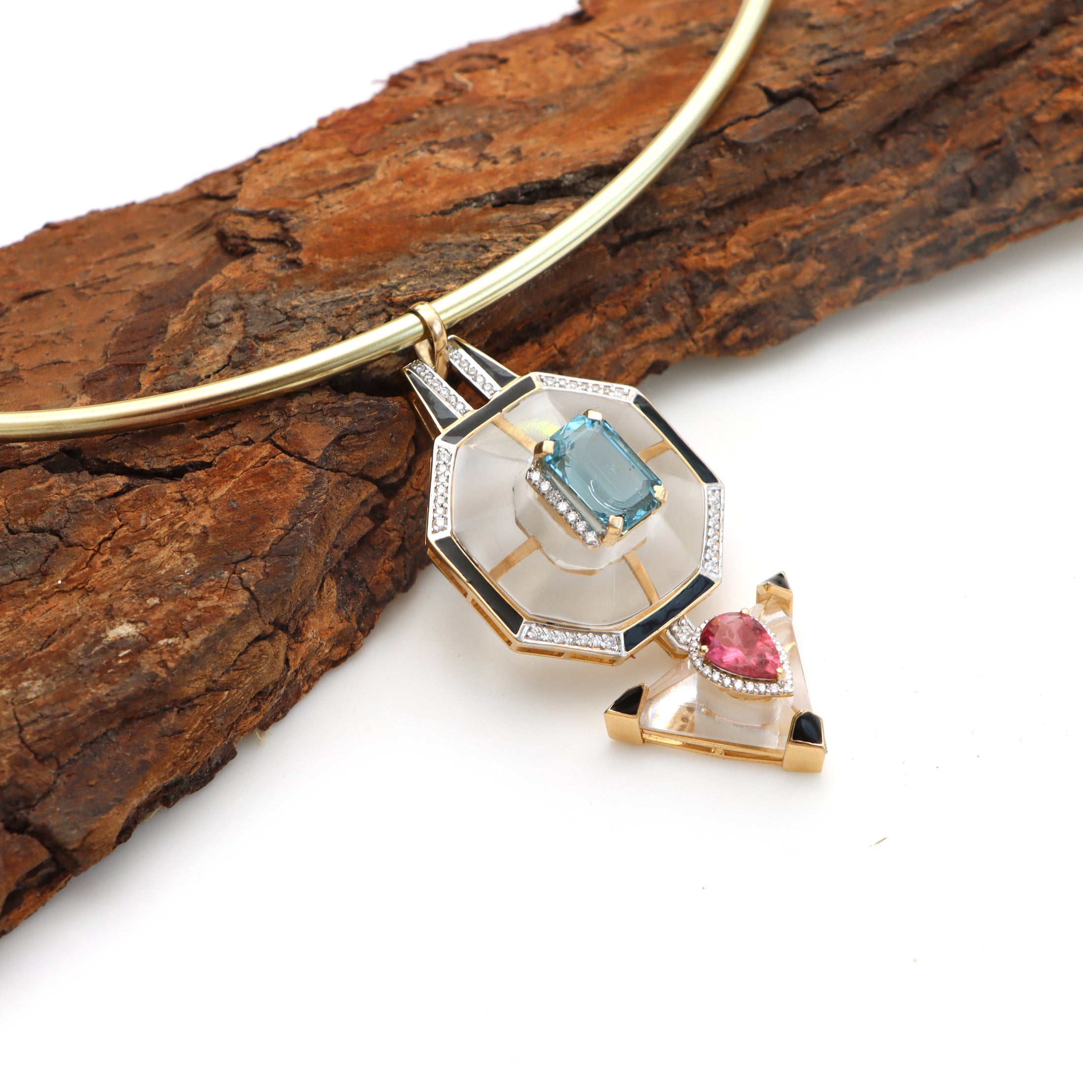 Natural Aquamarine Octagon Cut and Pink Tourmaline Pear Cut 14K gold pendant on-hand view - NFJSD-1206
