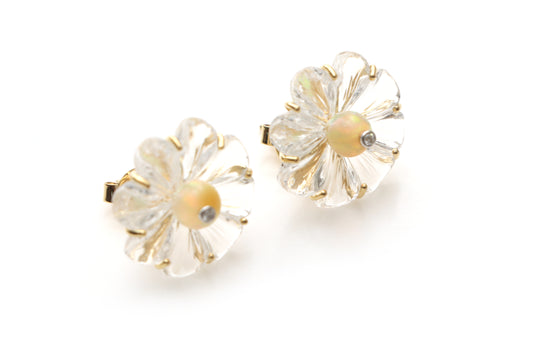 Natural Ethiopian Opal Smooth Balls and Crystal Carving Flower 14K gold earrings front view - NFJSD-1171