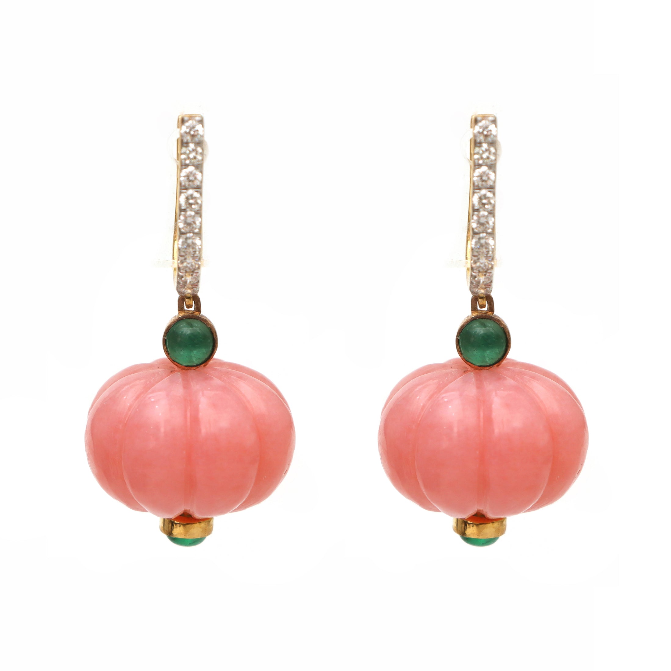 Natural Emerald Round Cabs and Pink Opal Carving Beads 14K gold earrings side angle - NFJSD-1335