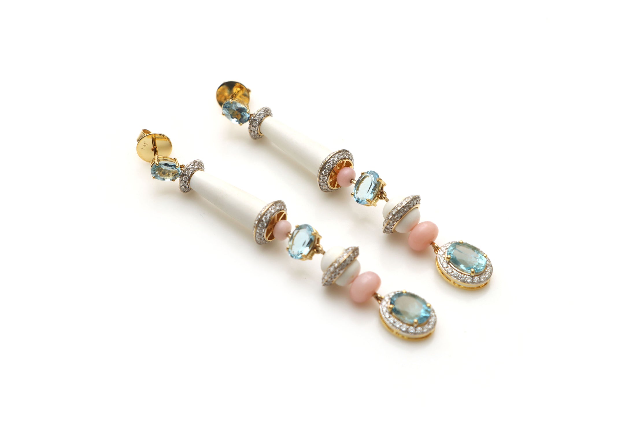 Natural White Agate Tube and Pink Opal Smooth Beads 14K gold earrings front view - NFJSD-1163