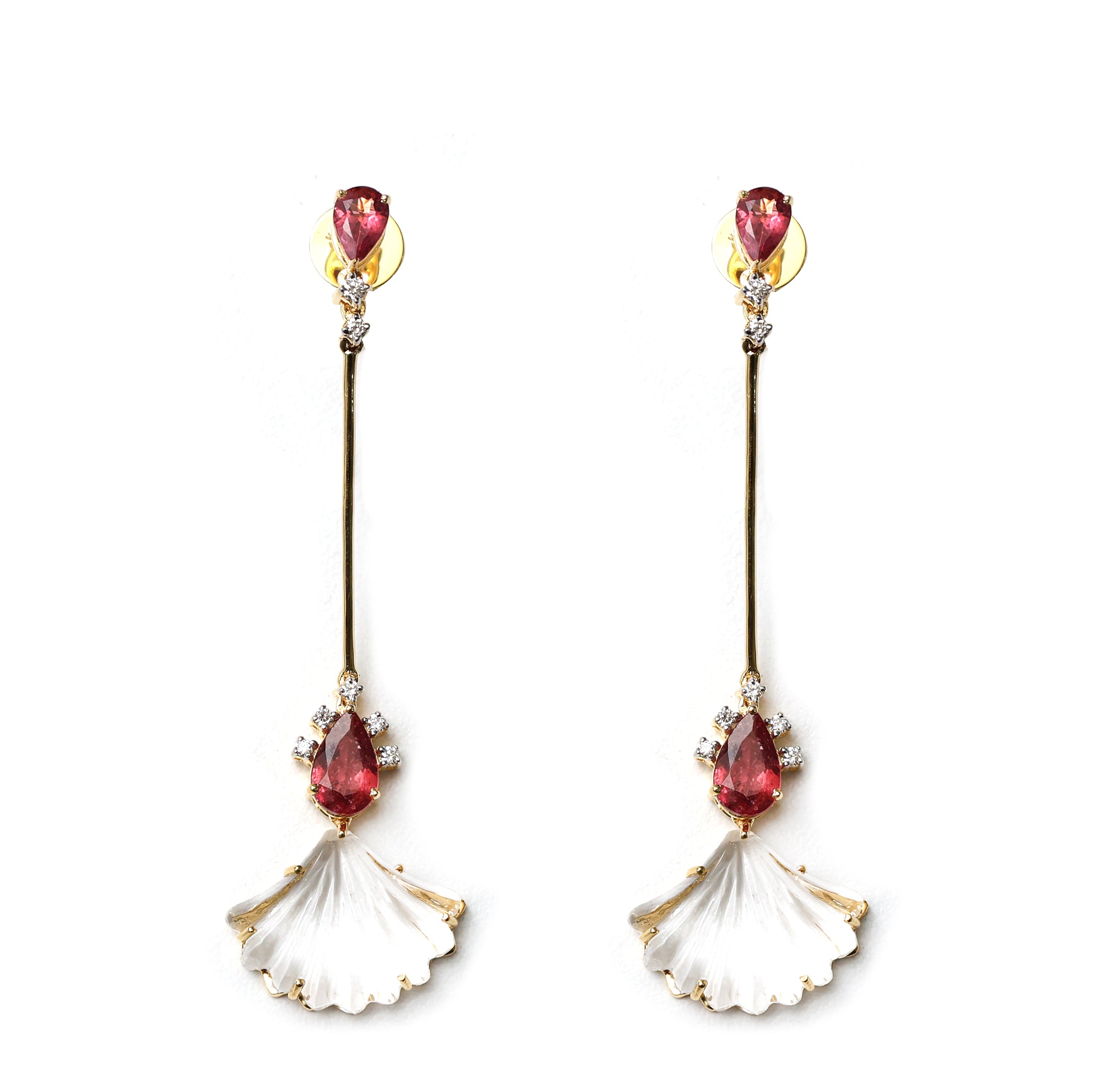 Natural Crystal Carving and Tourmaline 14K gold earrings front view - NFJSD-1373