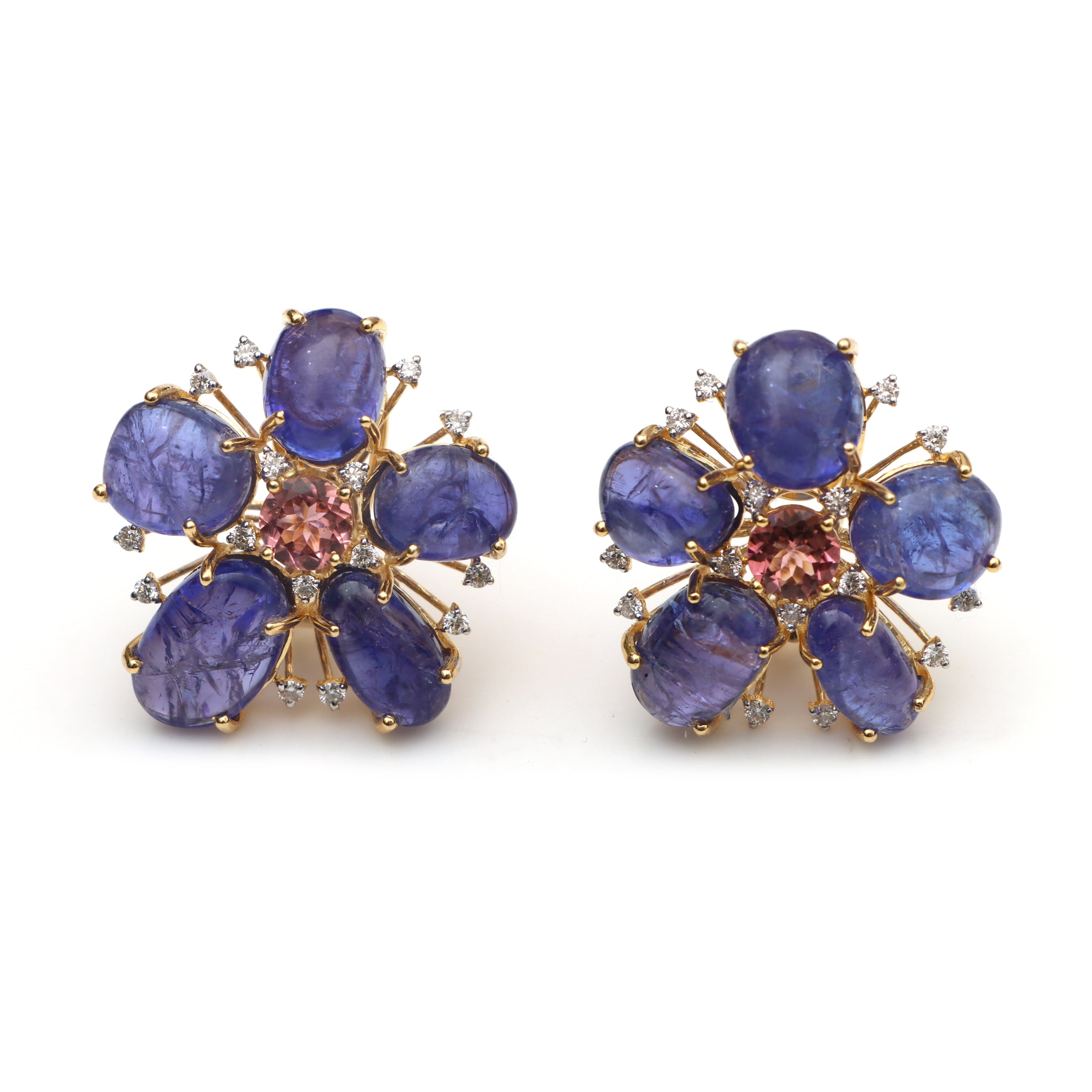 Natural Tourmaline and Tanzanite 18K gold earrings front view - NFJSD-1458