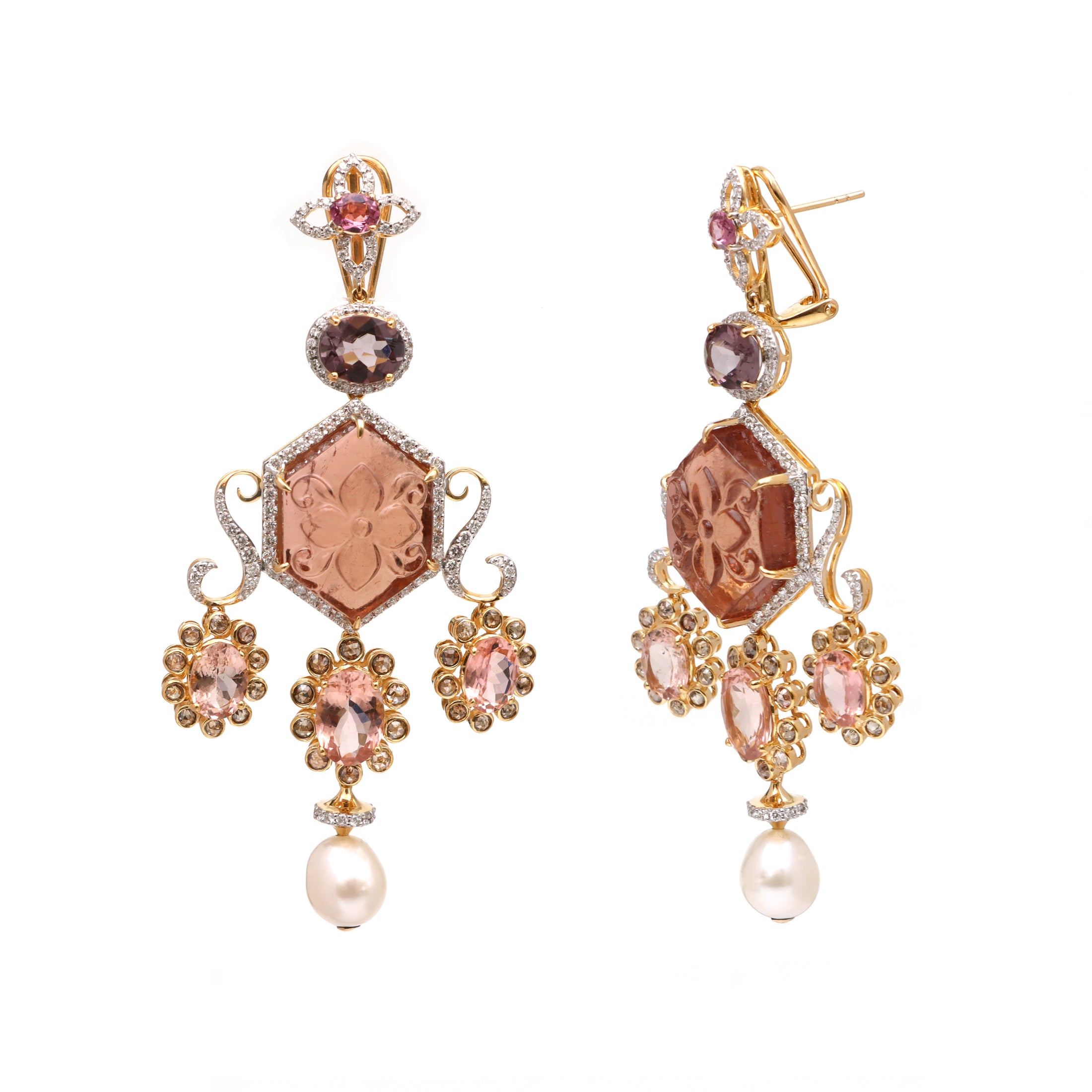Natural Pearl and Rubylite 18K gold earrings side angle - NFJSD-1722