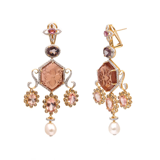 Natural Pearl and Rubylite 18K gold earrings side angle - NFJSD-1722