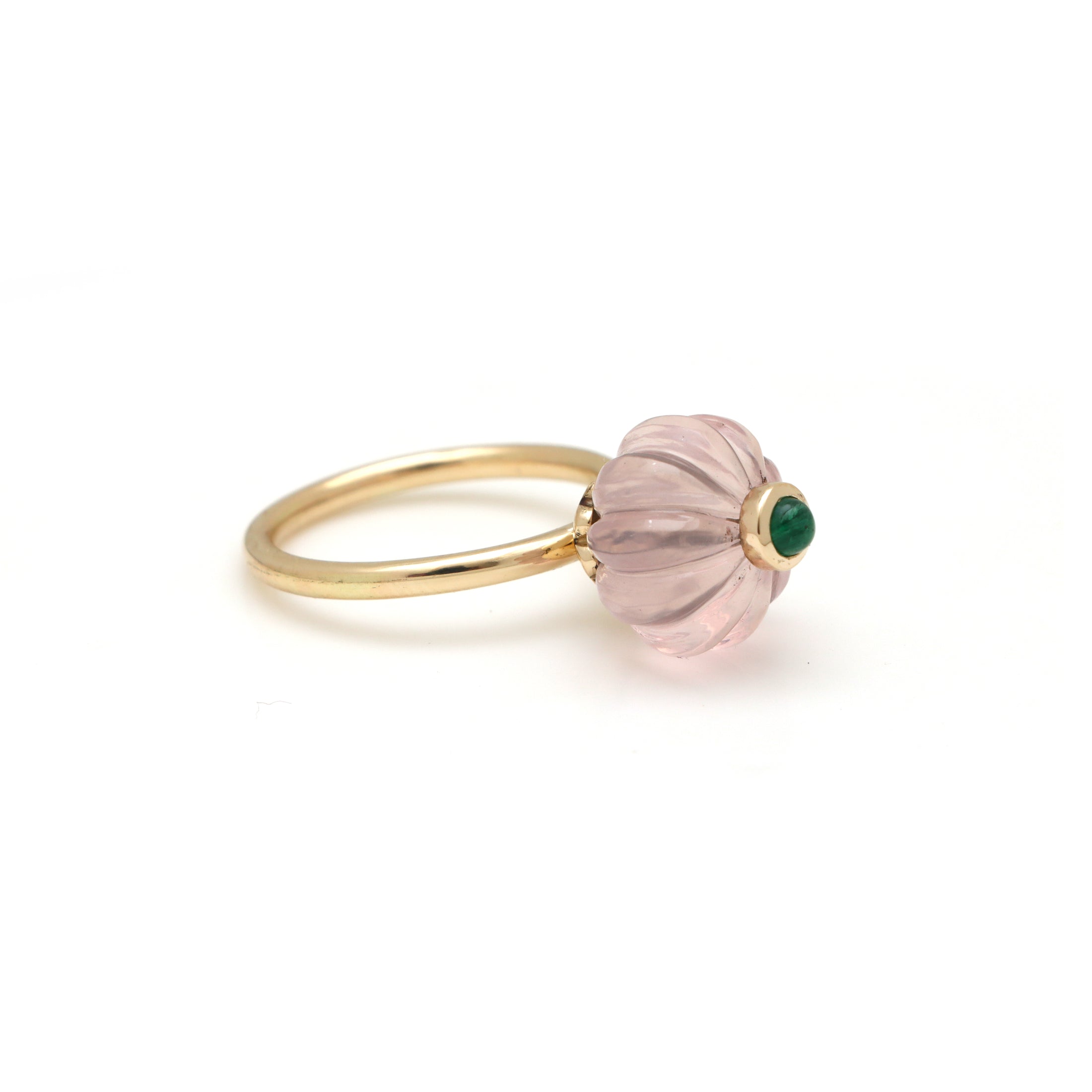 Natural Rose Quartz and Emerald 14K gold ring front view - NFJSD-1685