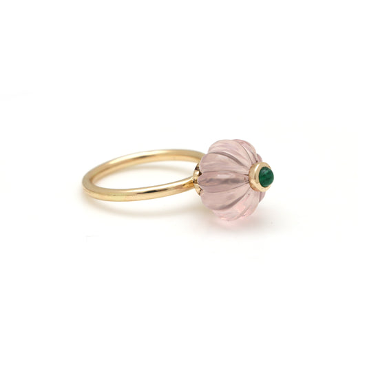 Natural Rose Quartz and Emerald 14K gold ring front view - NFJSD-1685