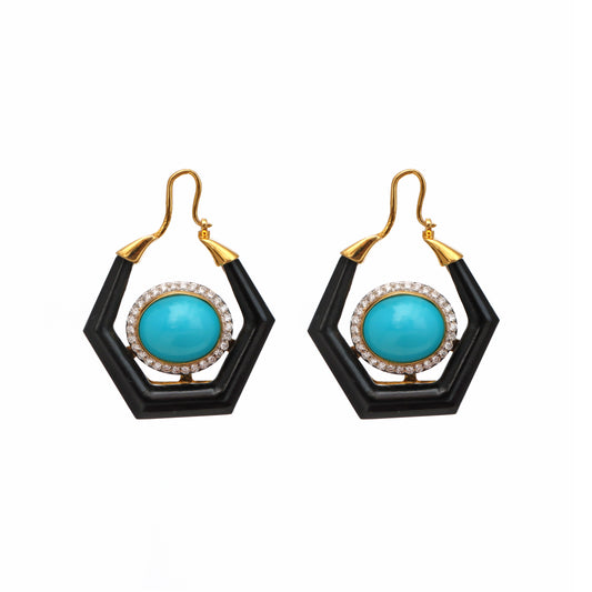 Natural Black Onyx and Turquoise 18K gold earrings front view - NFJSD-1602