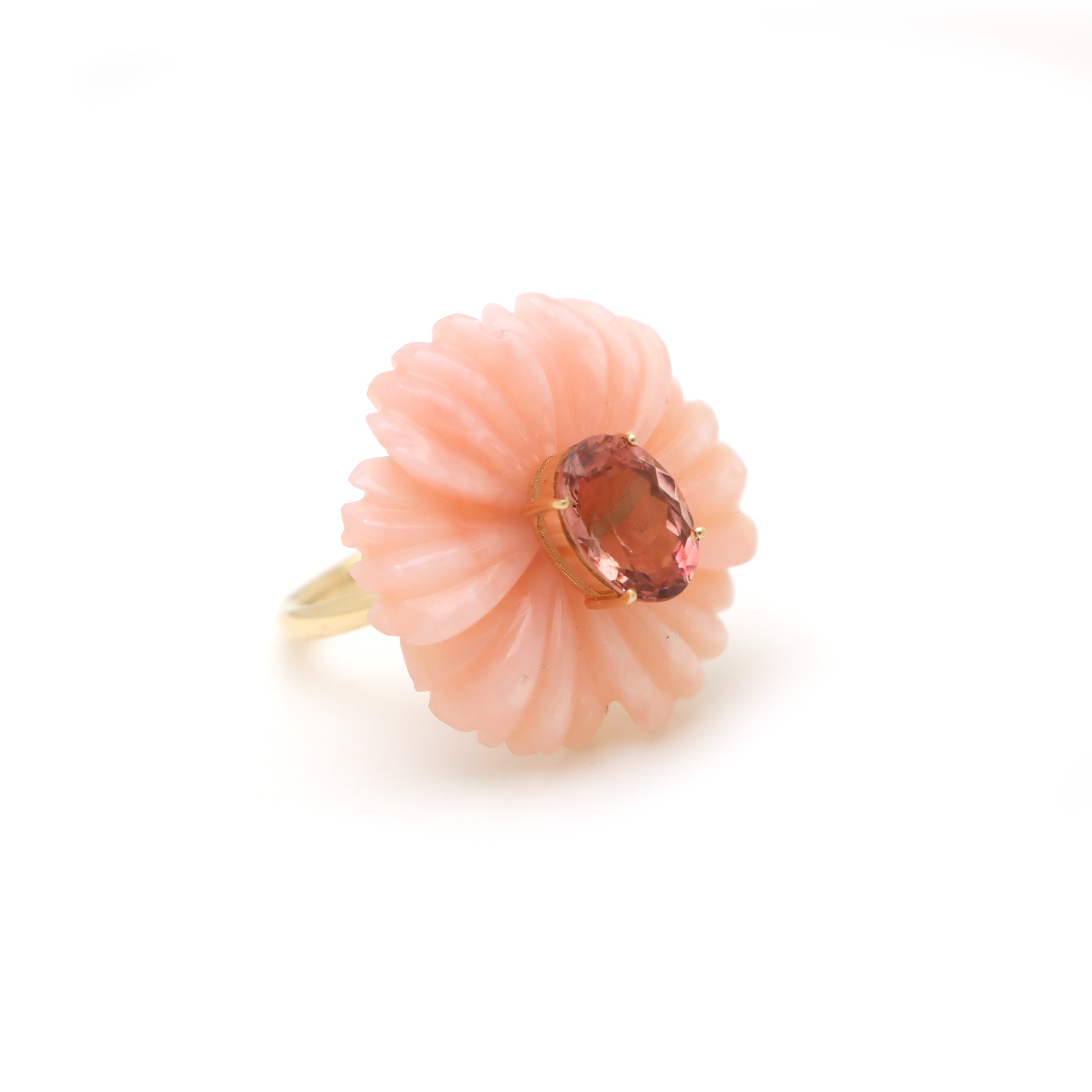 Natural Pink Opal and Pink Tourmaline 14K gold ring top view - NFJSD-1568