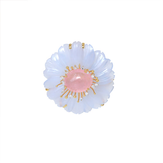 Natural Blue Chalcedony and Tourmaline 14K gold pendant front view - NFJSD-1816