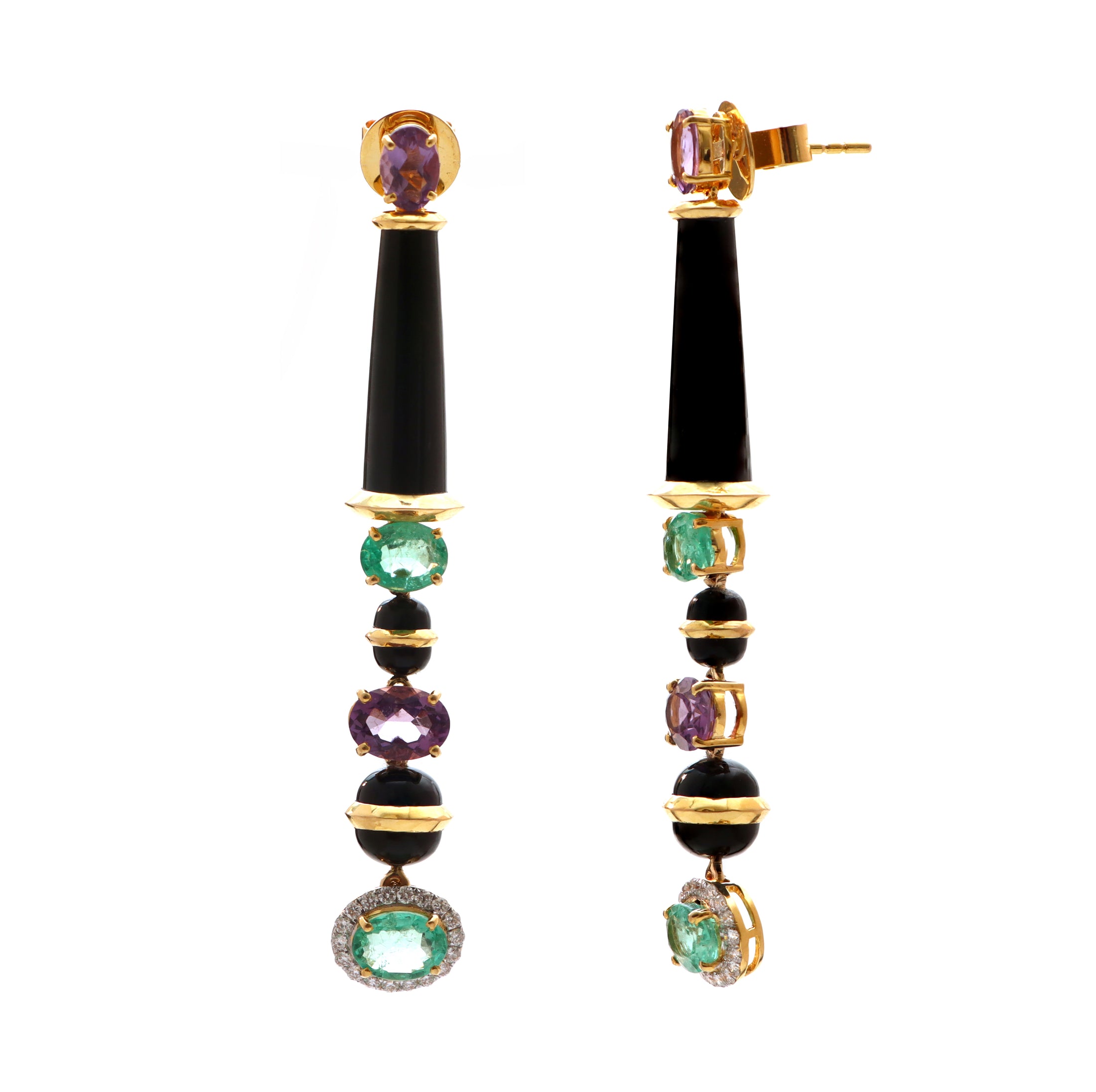 Natural Black Onyx smooth beads & Tube and Emerald Oval Cut 18K gold earrings back view - NFJSD-1394