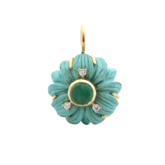 Natural Emerald Round Cabs and Turquoise Flower Carving 14K gold charm front view - NFJSD-1240