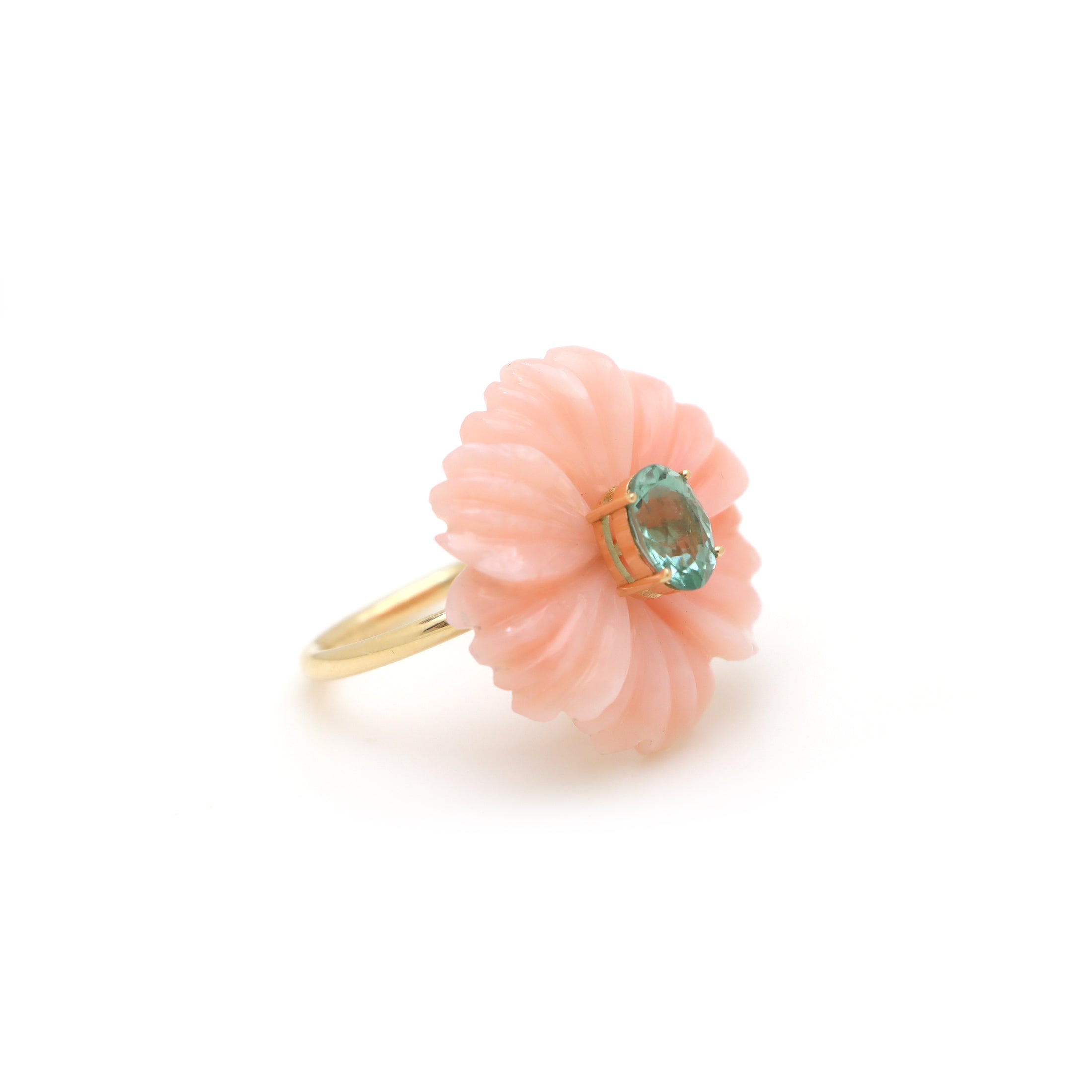 Natural Pink Opal and Tourmaline Oval 14K gold ring side angle - NFJSD-1567