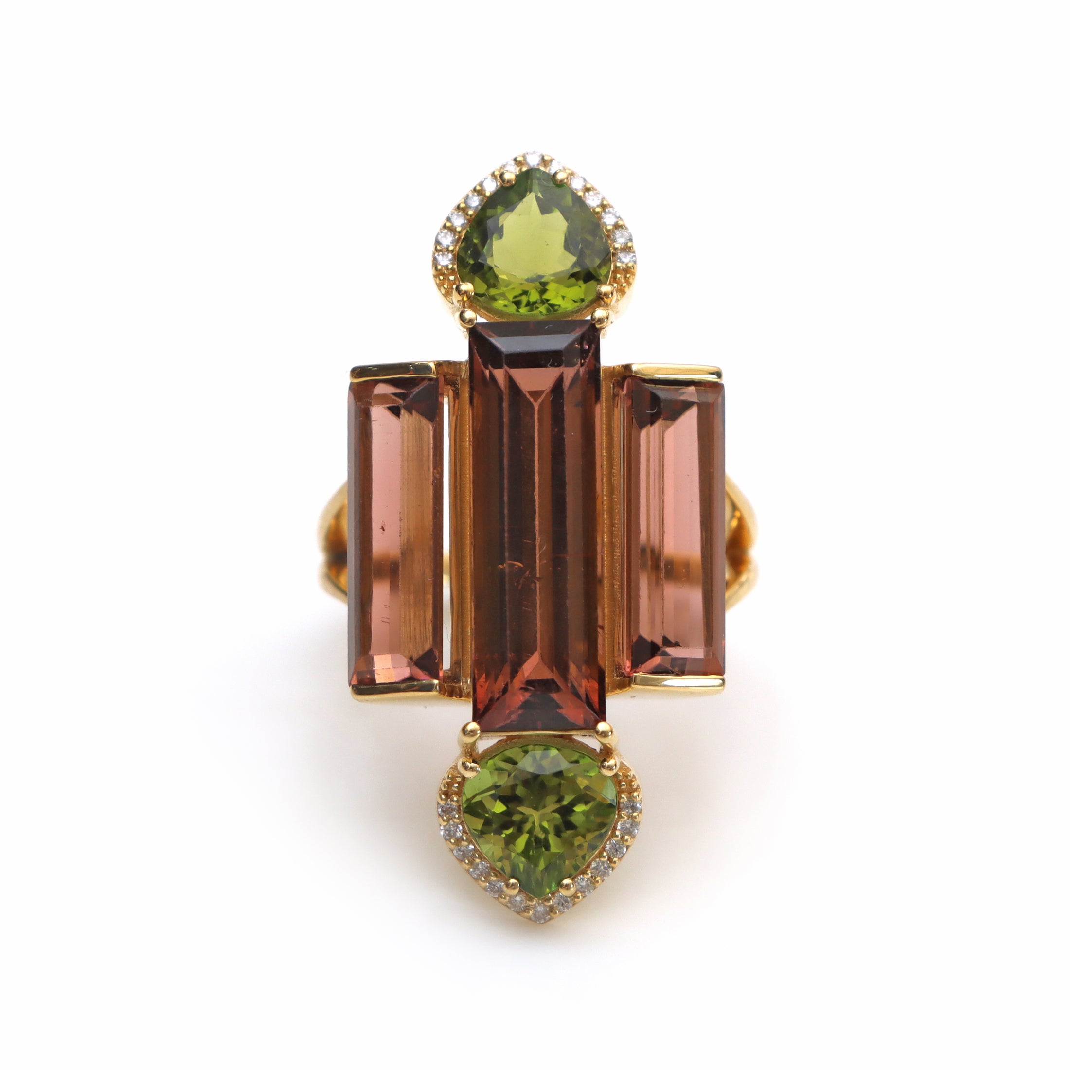 Natural Pink Tourmaline and Green Tourmaline 18K gold ring front view - NFJSD-1570