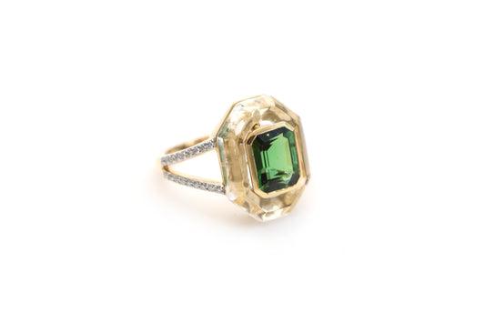Natural Tourmaline Emerald Cut and Crystal Frame 14K gold ring front view - NFJSD-1106