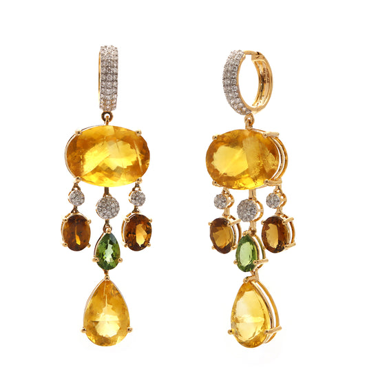 Natural Tourmaline and Yellow Fluorite 18K gold earrings side angle - NFJSD-1581