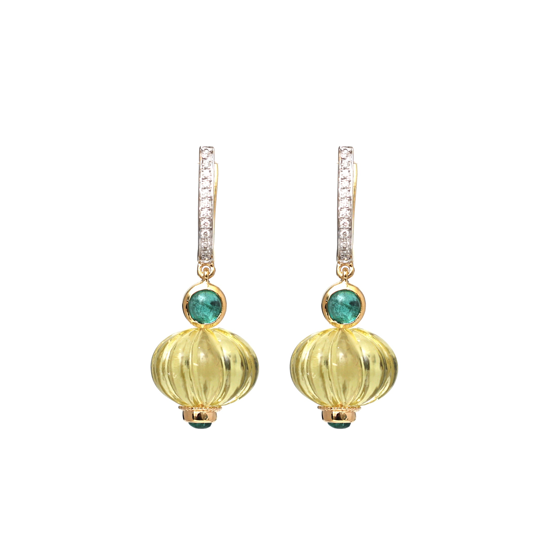 Natural Lemon Quartz and Emerald 18K gold earrings front view - NFJSD-1789