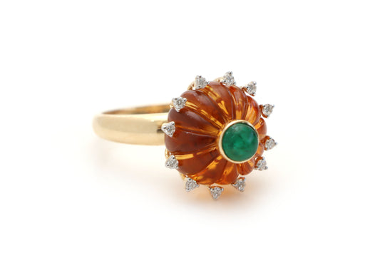 Natural Emerald Round Cabs and Citrine Carving Balls 14K gold ring front view - NFJSD-1189
