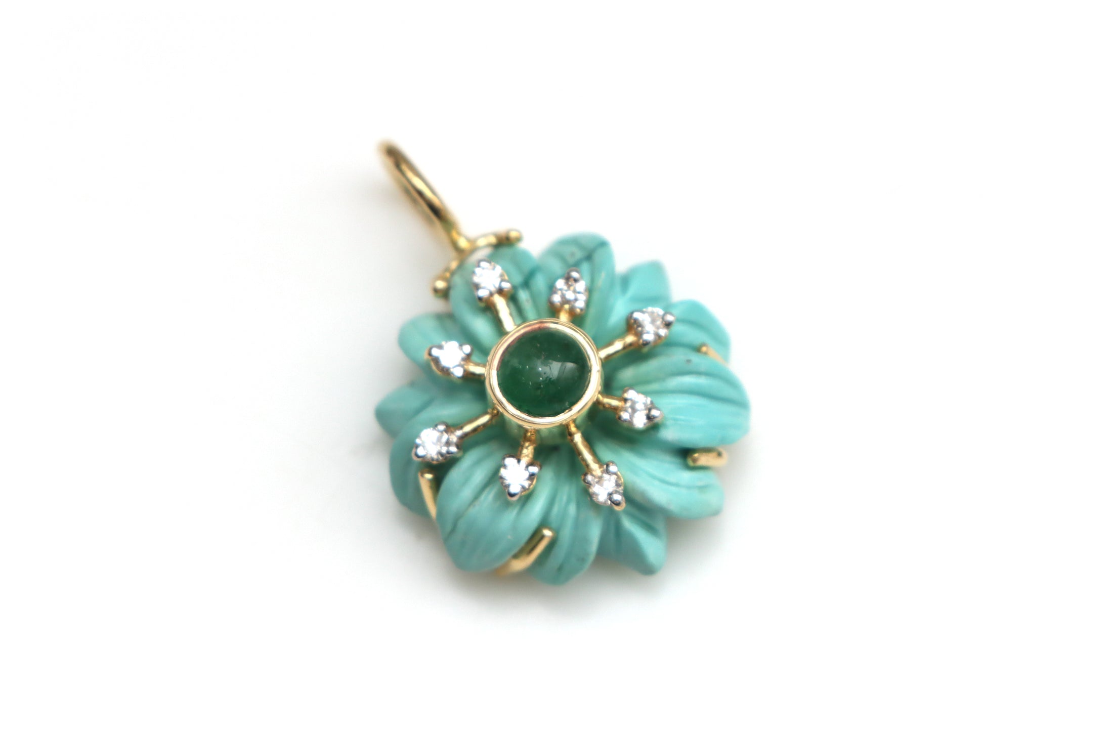 Natural Emerald Round Cabs and Turquoise Flower Carving 14K gold charm front view - NFJSD-1248