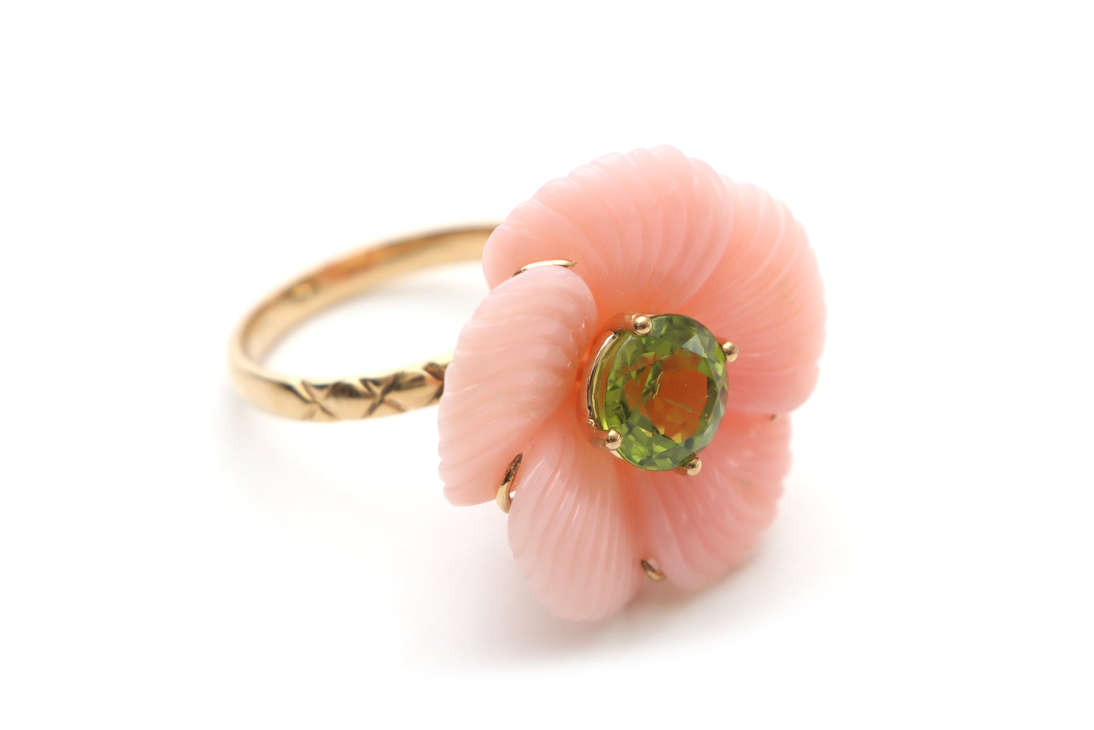 Natural Peridot Round Cut and Pink Opal Flower 14K gold ring front view - NFJSD-1030