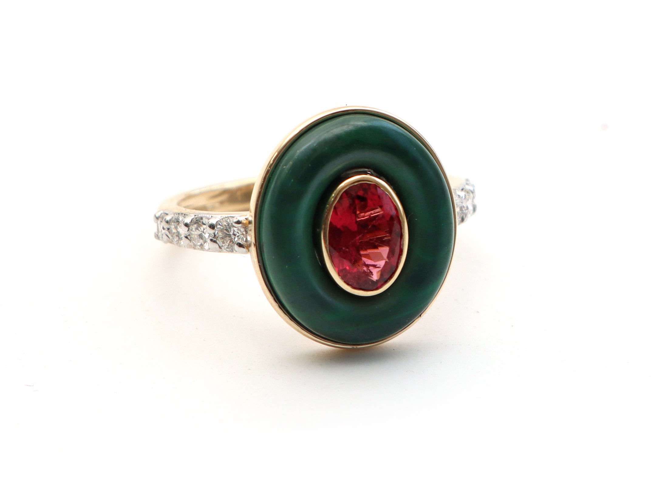 Natural Tourmaline Oval Cut and Malachite Oval Frame 14K gold ring front view - NFJSD-1058