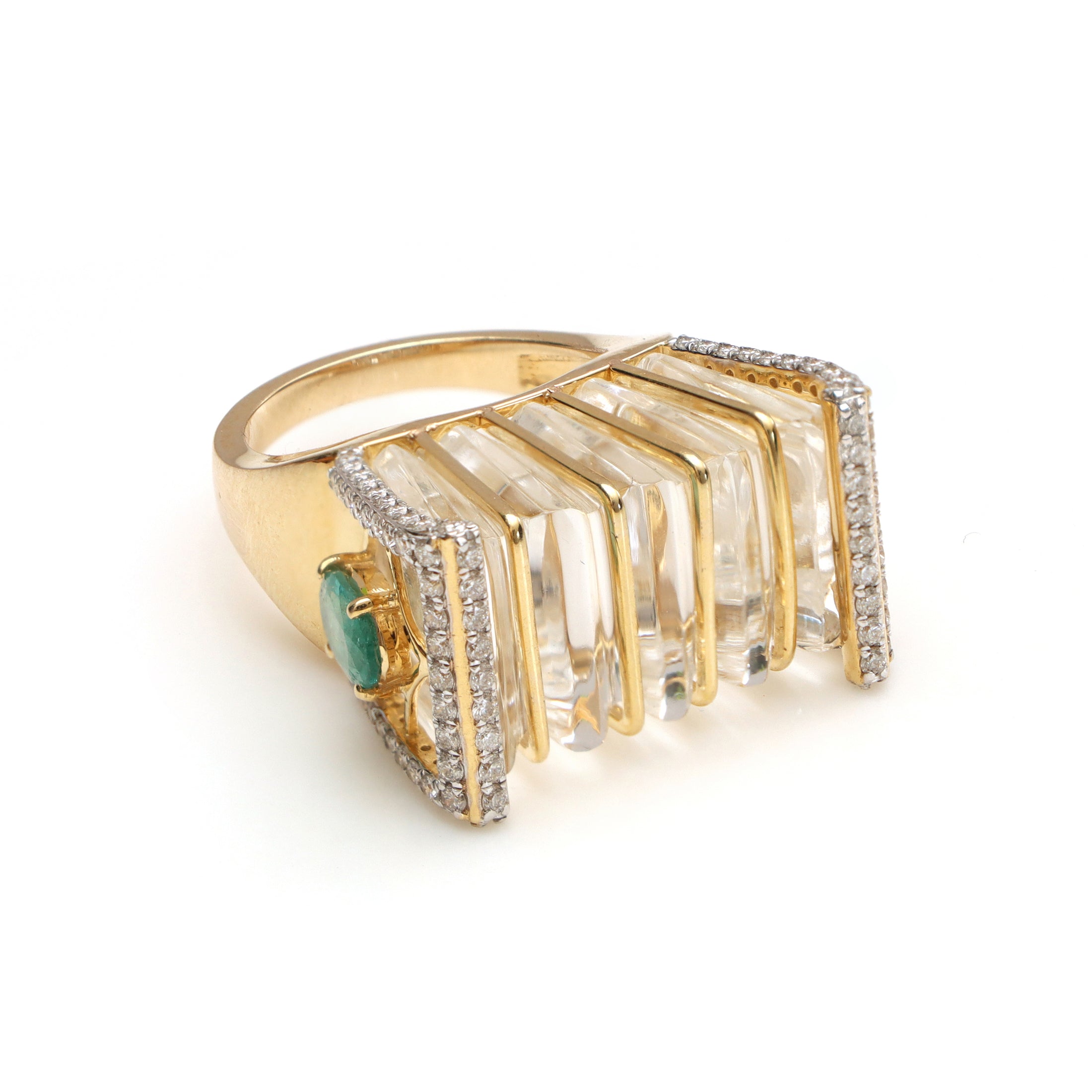Natural Crystal Carving and Emerald Oval Cut 14K gold ring top view - NFJSD-1144