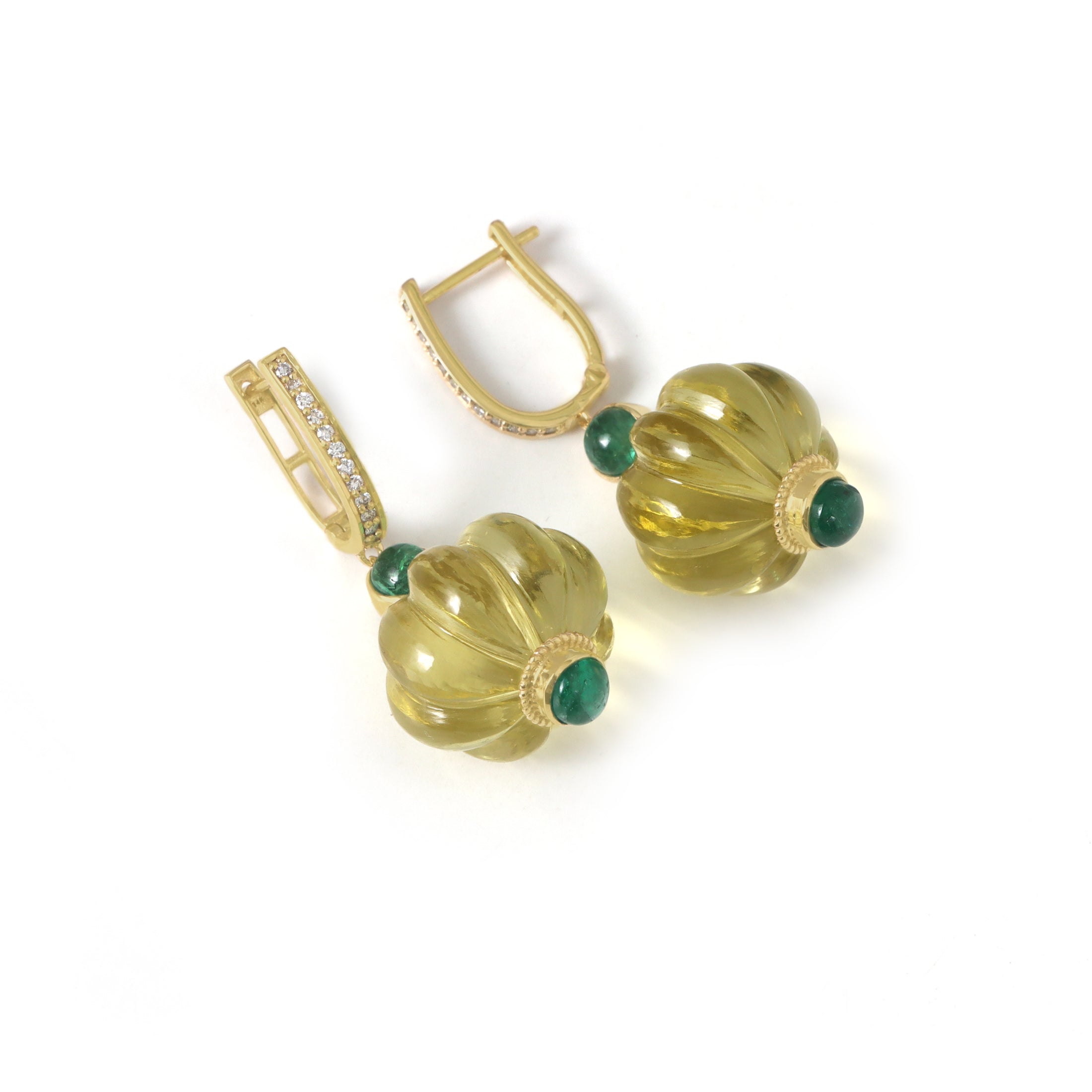 Natural Lemon Quartz and Emerald 14K gold earrings side angle - NFJSD-1912
