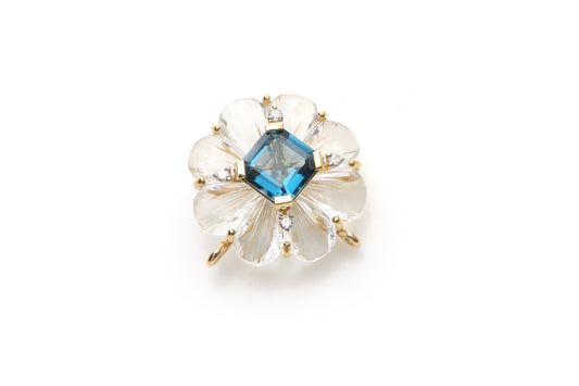 Natural Blue Topaz Cut and Crystal Carving Flower 14K gold pendant front view - NFJSD-1179