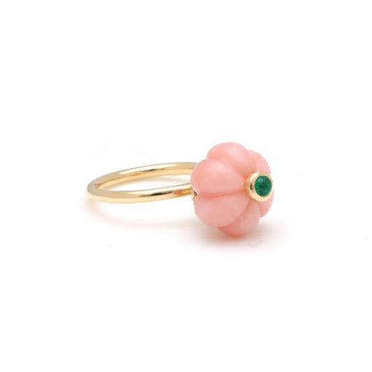 Natural Pink Opal Carving and Emerald 14K gold ring front view - NFJSD-1754