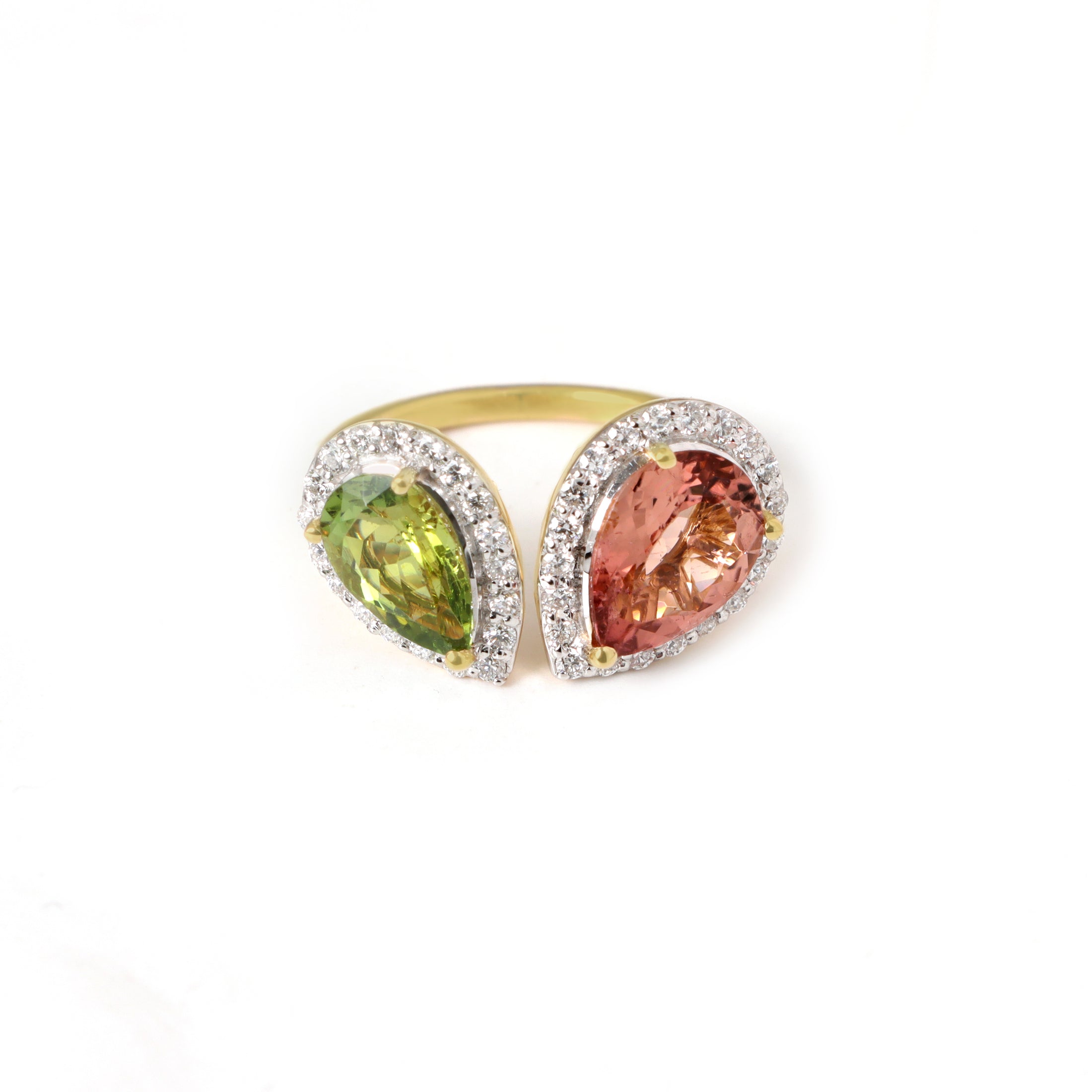 Natural Green Tourmaline and Pink Tourmaline 18K gold ring on-hand view - NFJSD-1928